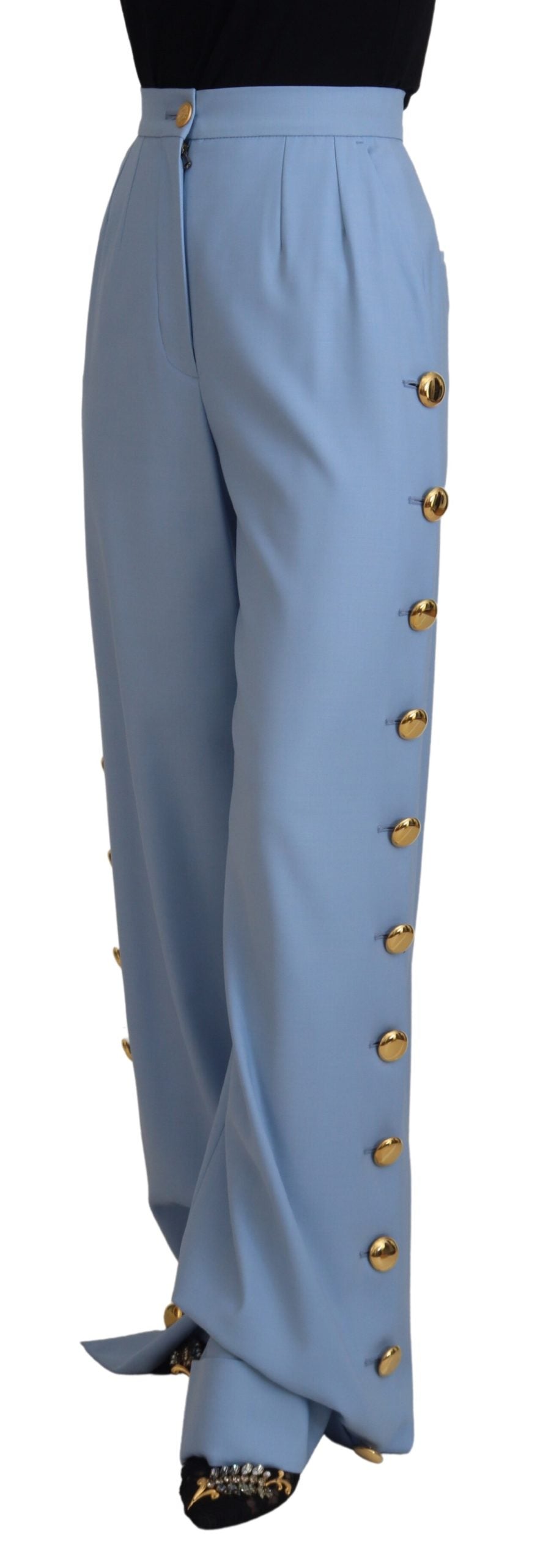 Dolce & Gabbana Light Blue Button Wide Leg Women's Pants