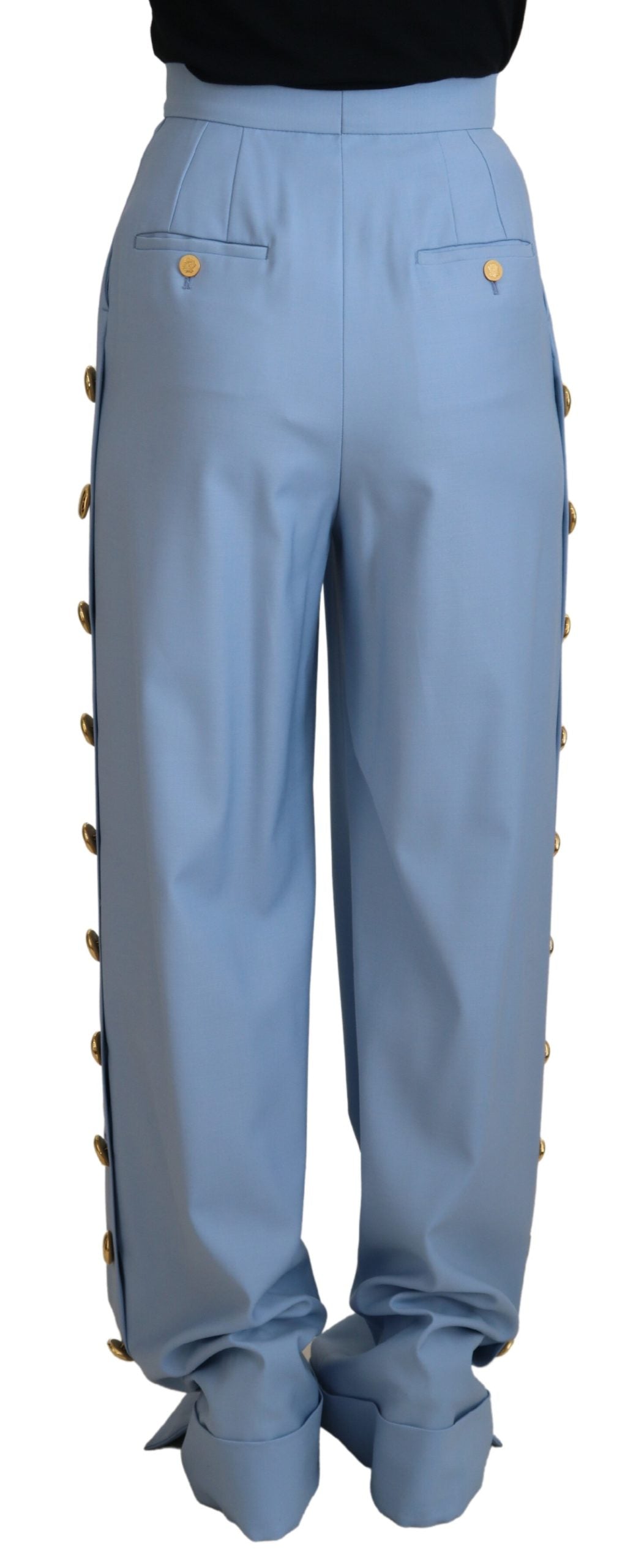 Dolce & Gabbana Light Blue Button Wide Leg Women's Pants