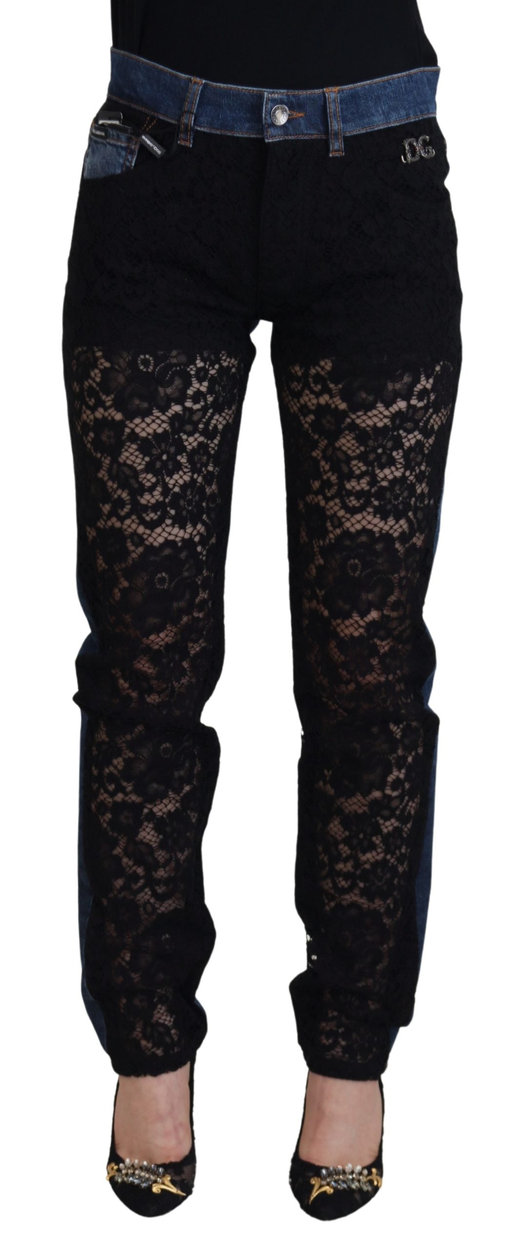 Dolce & Gabbana Black Floral Lace Front Skinny Denim Women's Jeans