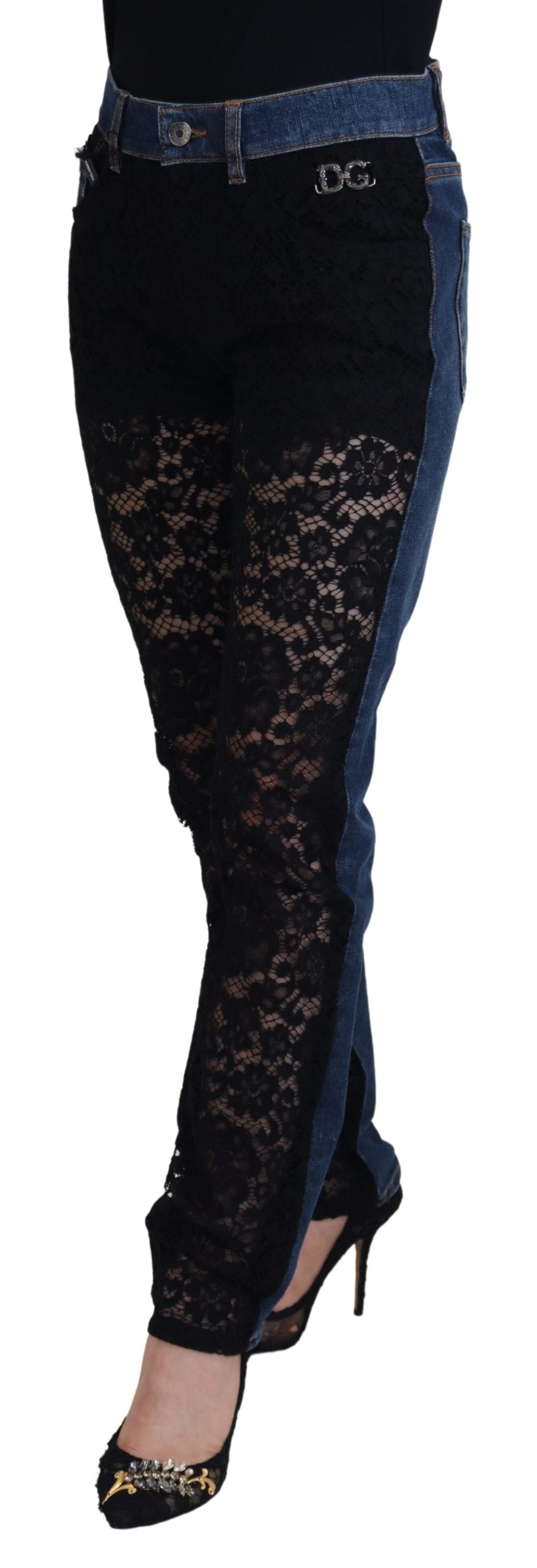 Dolce & Gabbana Black Floral Lace Front Skinny Denim Women's Jeans