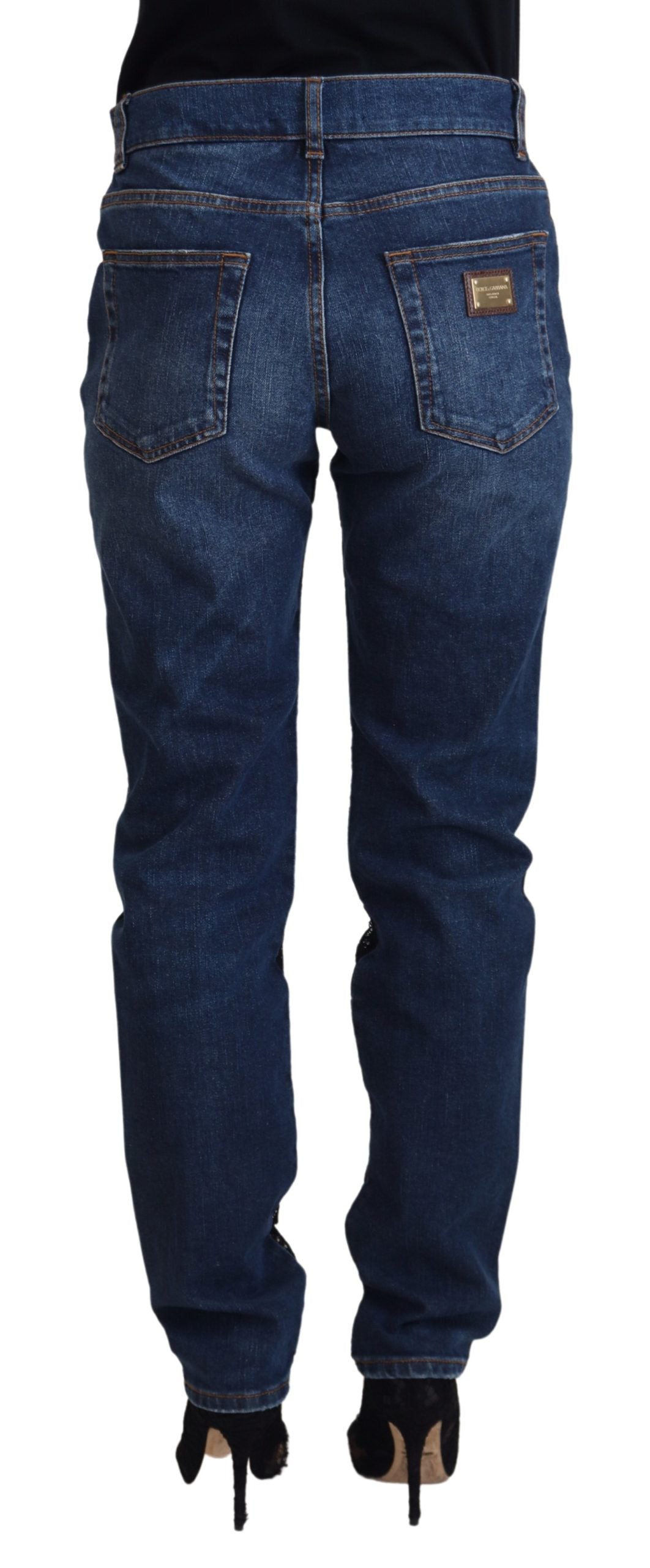 Dolce & Gabbana Black Floral Lace Front Skinny Denim Women's Jeans