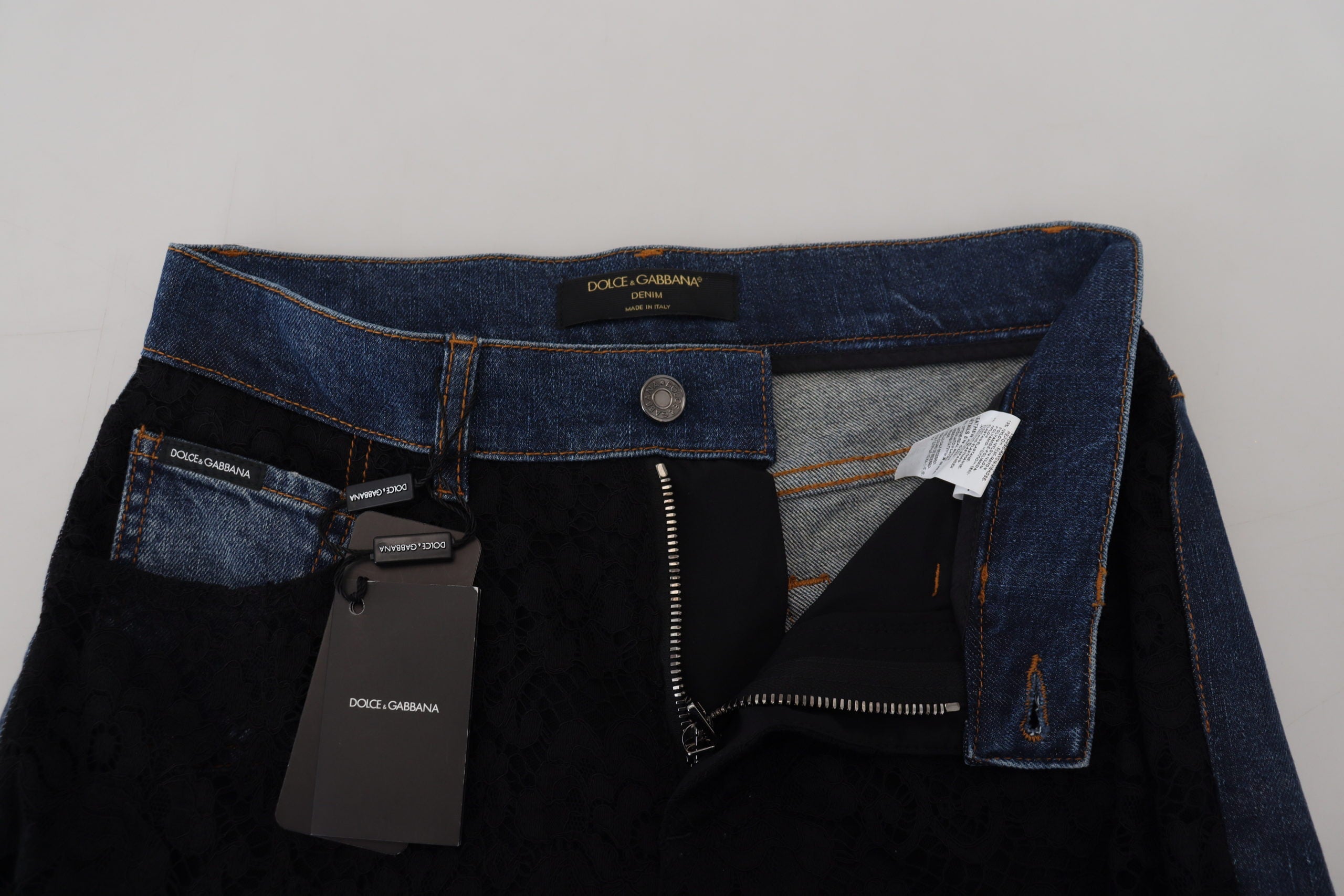 Dolce & Gabbana Black Floral Lace Front Skinny Denim Women's Jeans