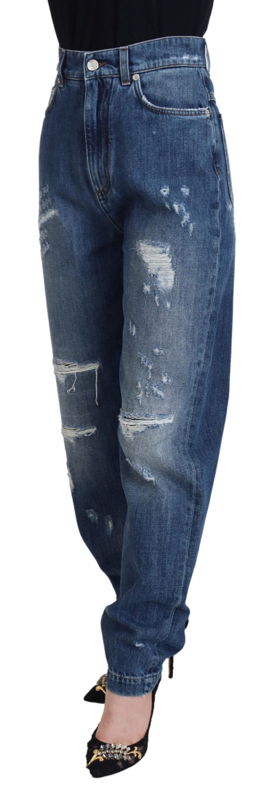 Dolce & Gabbana Blue Washed Cotton Tattered Denim Women's Jeans