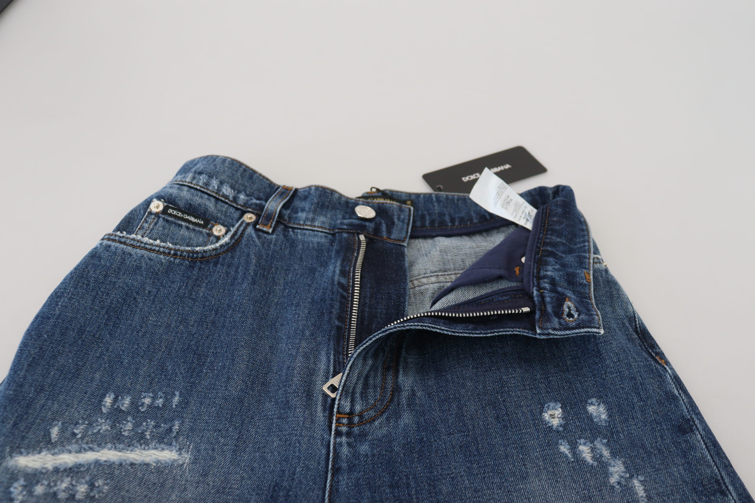 Dolce & Gabbana Blue Washed Cotton Tattered Denim Women's Jeans