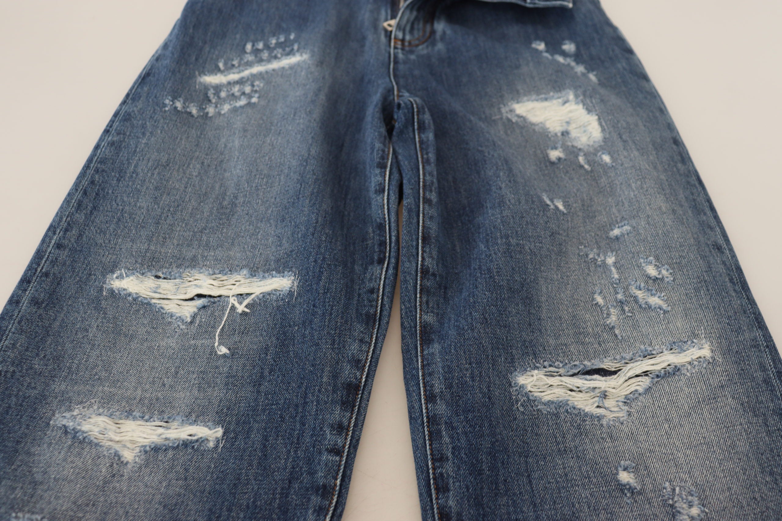Dolce & Gabbana Blue Washed Cotton Tattered Denim Women's Jeans