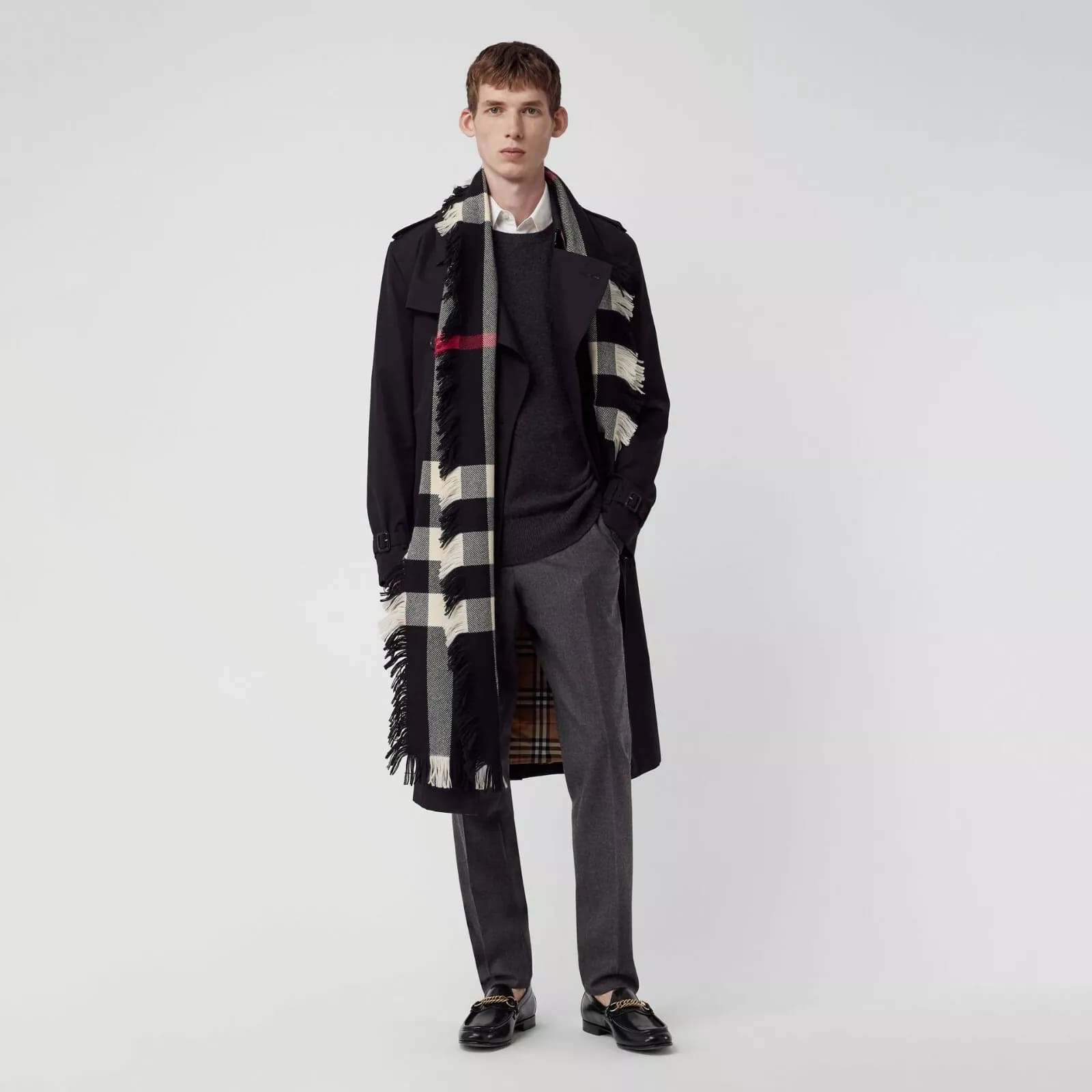 Burberry Black Half Mega Check Fringe Wool Scarf