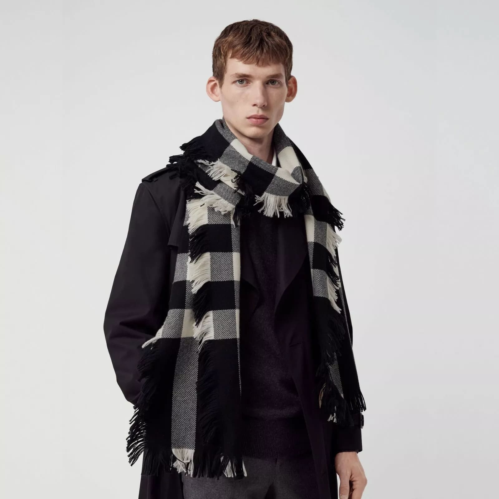 Burberry Black Half Mega Check Fringe Wool Scarf
