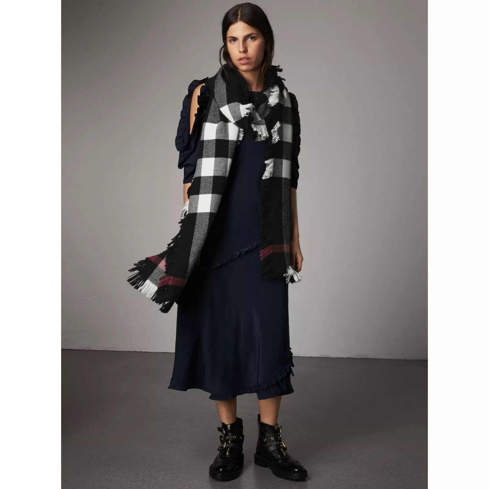 Burberry Black Half Mega Check Fringe Wool Scarf