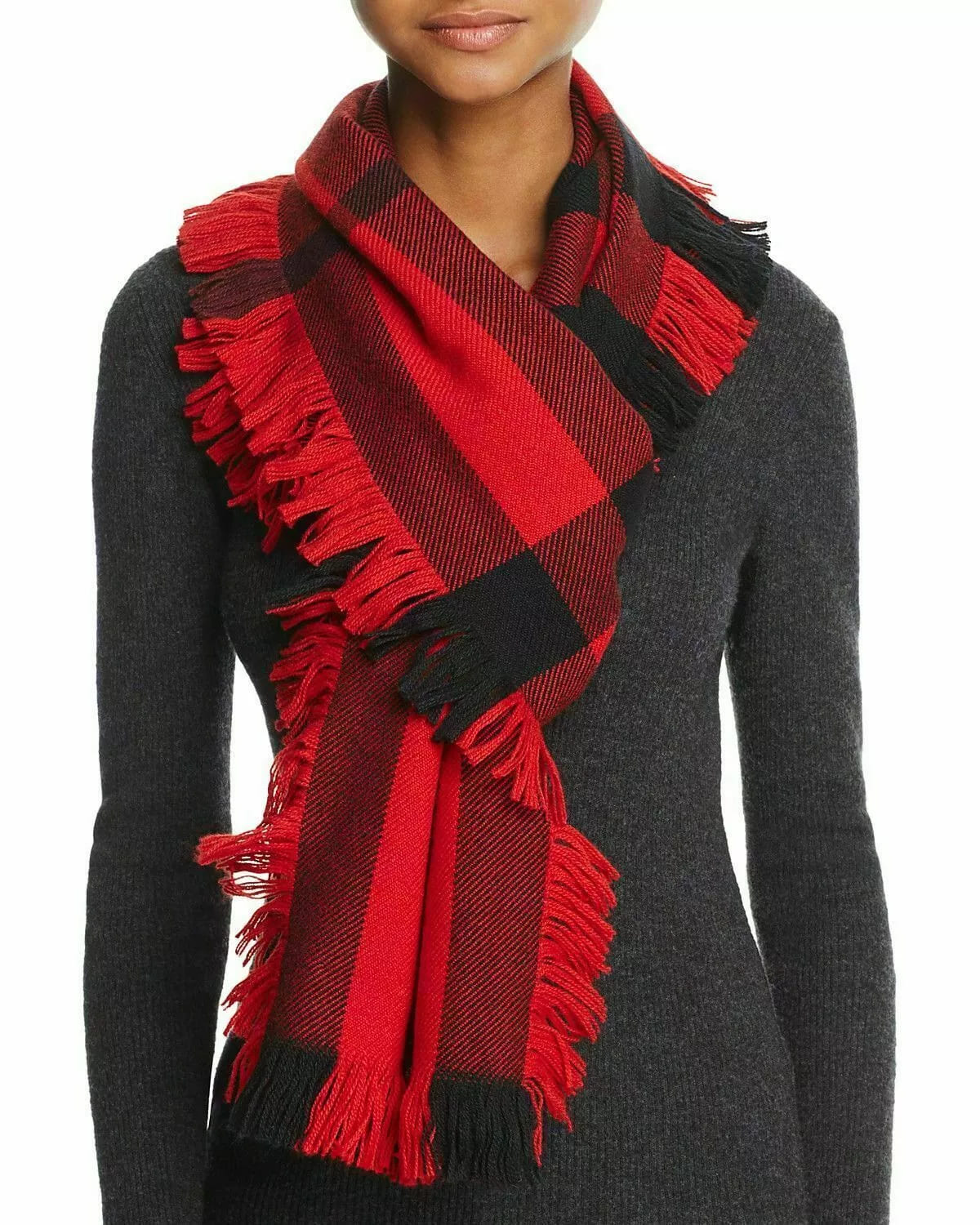 Burberry Red Half Mega Check Fringe Wool Scarf