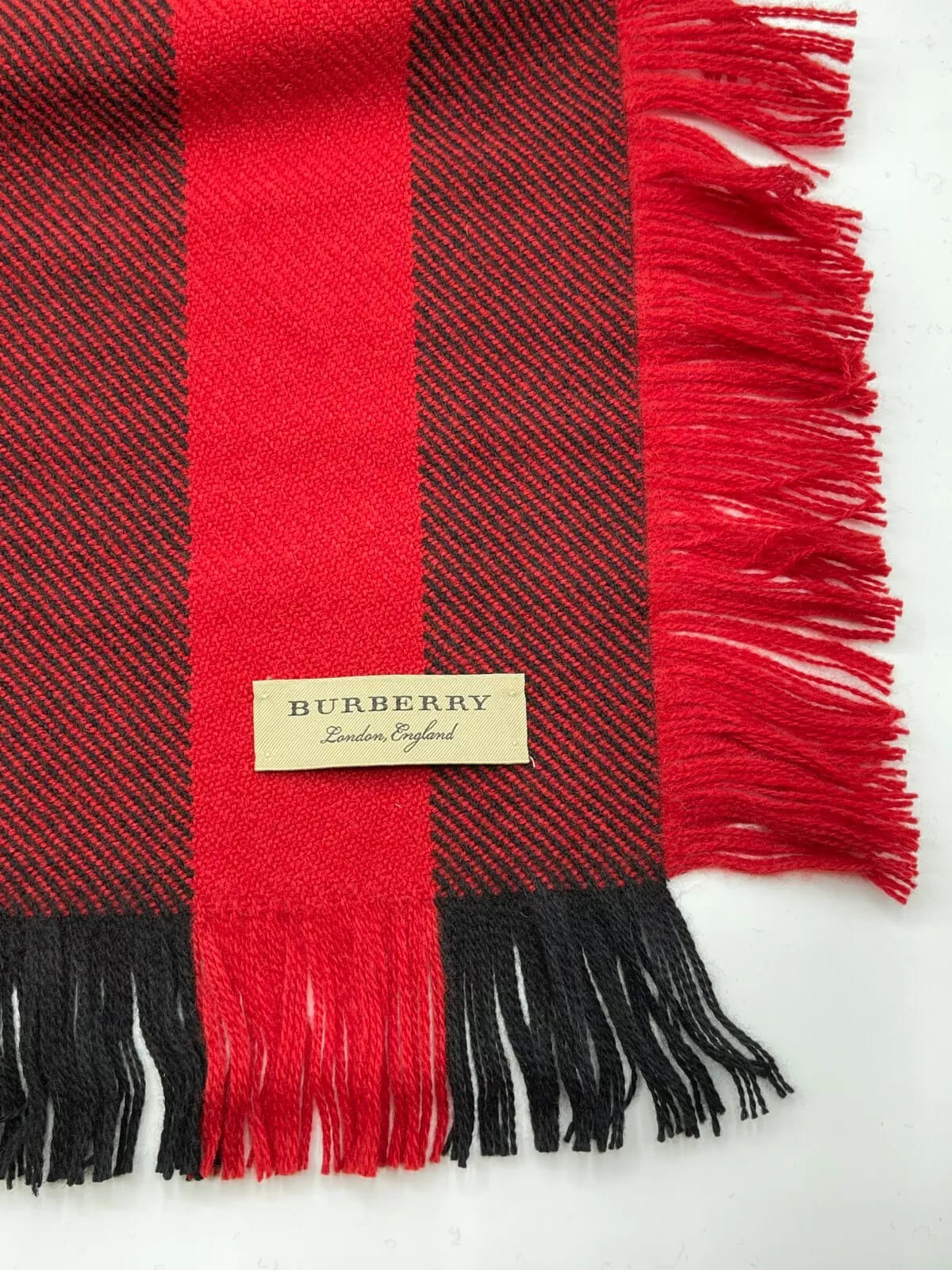 Burberry Red Half Mega Check Fringe Wool Scarf