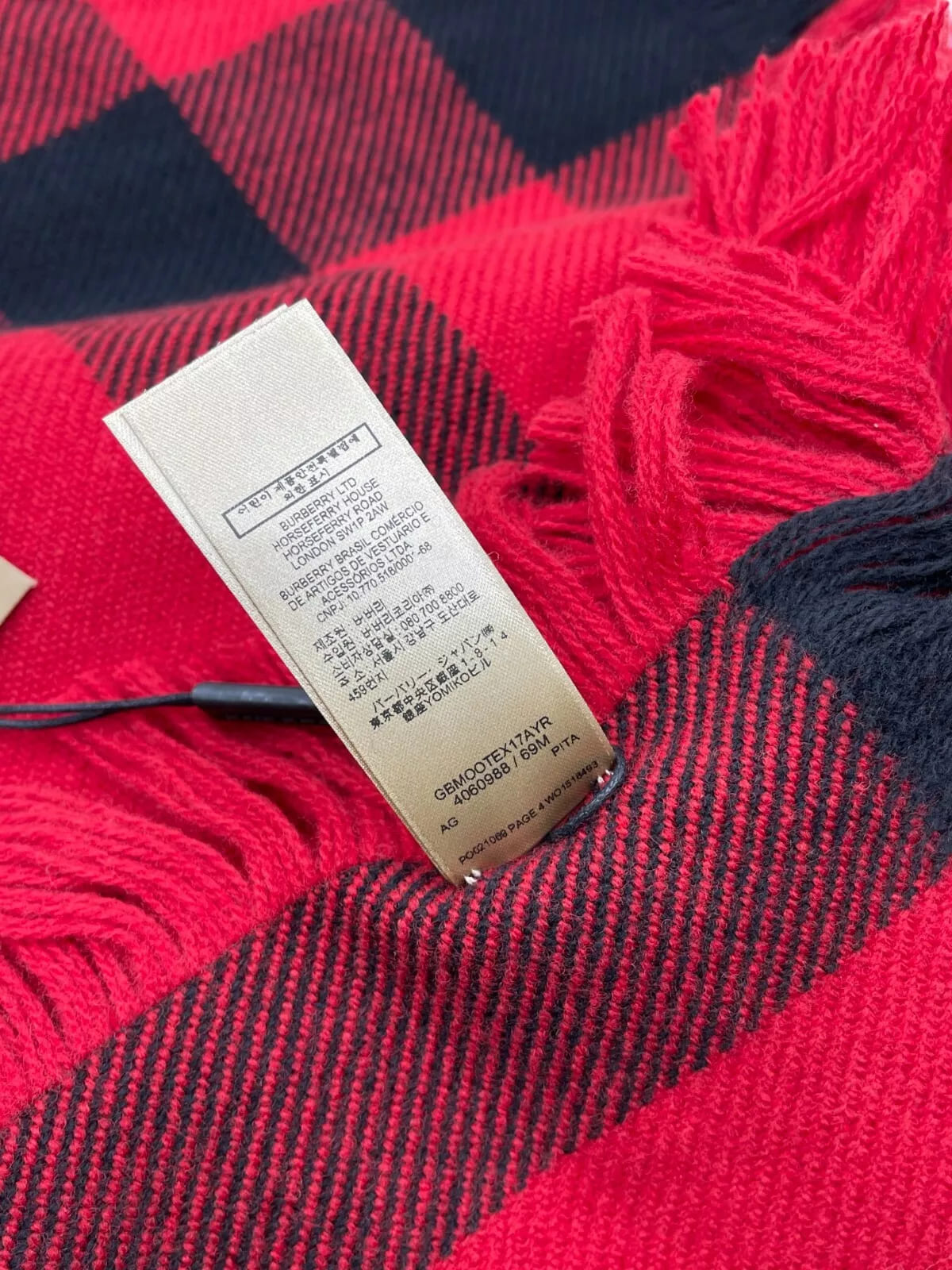 Burberry Red Half Mega Check Fringe Wool Scarf