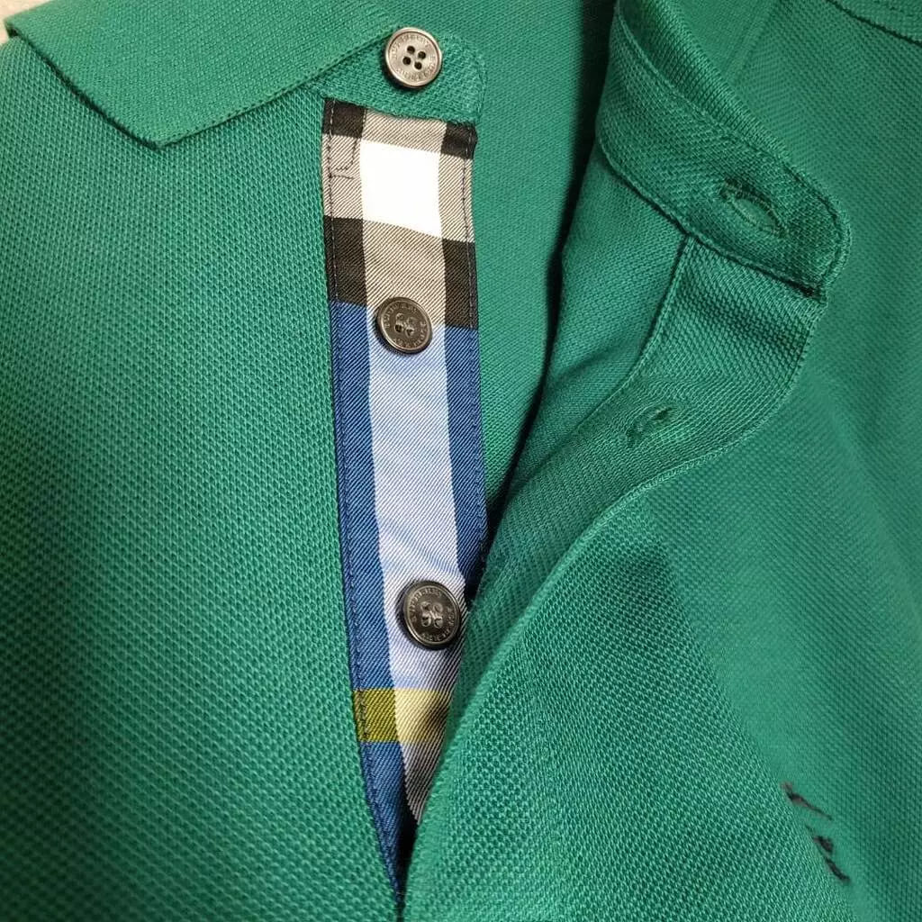 Burberry Men's Green Cotton Embroidered Logo Polo Shirt Check Detail