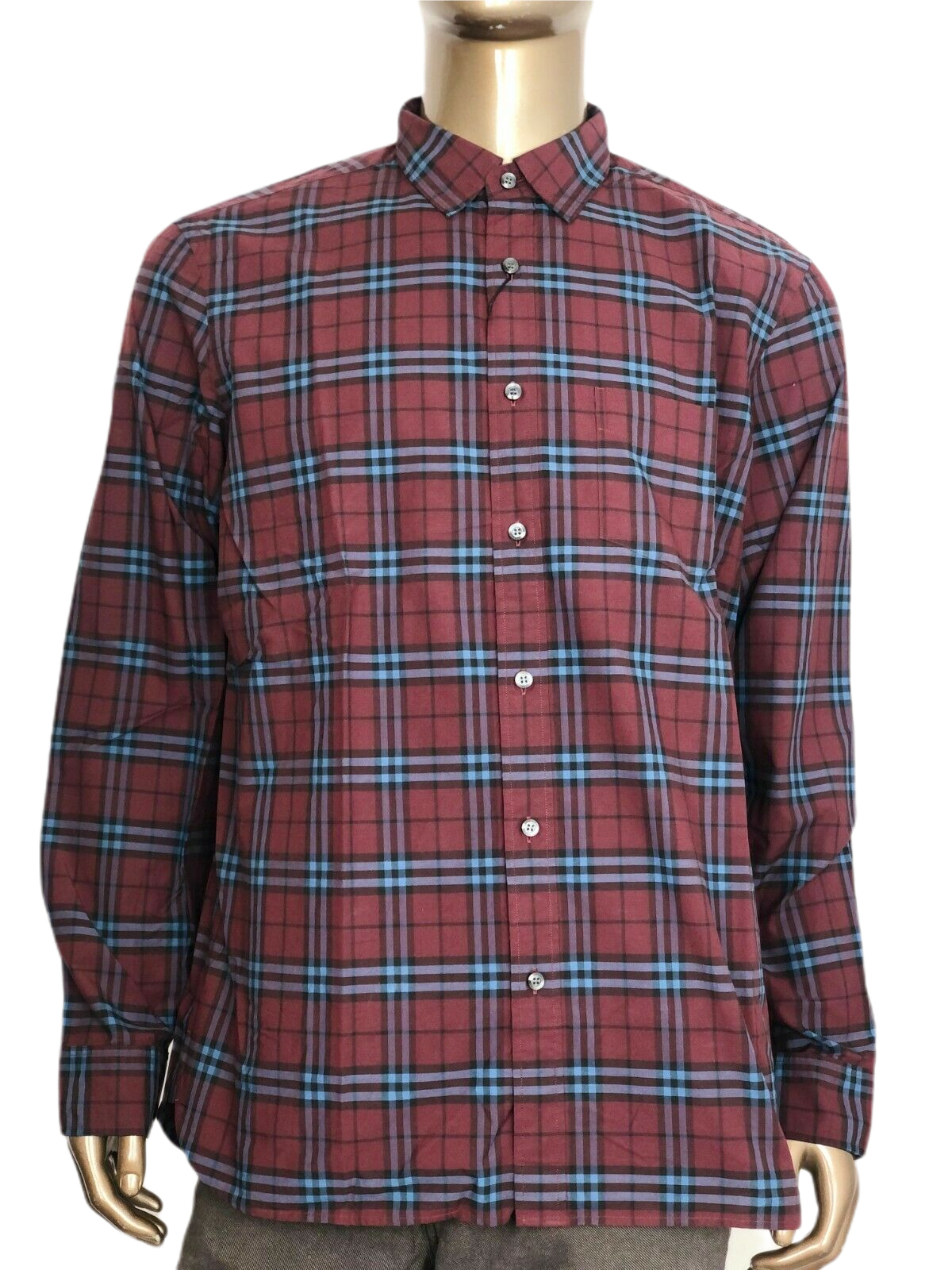 Burberry Alexander Men's Crimson Red/Blue Checked Cotton Shirt (S