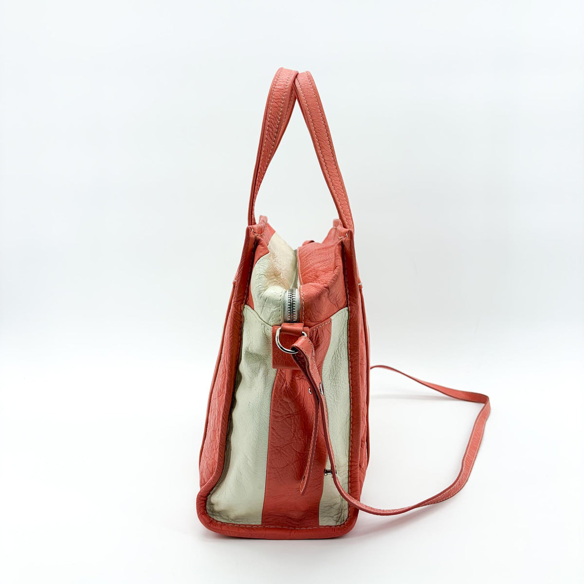 Balenciaga Bazar Striped Leather White Leather Tote Bag Bag (Pre-Owned)