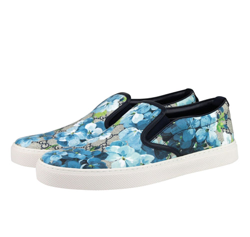 Gucci Bloom Flower Print Blue GG Supreme Coated Canvas Slip Sneakers 407362 8471