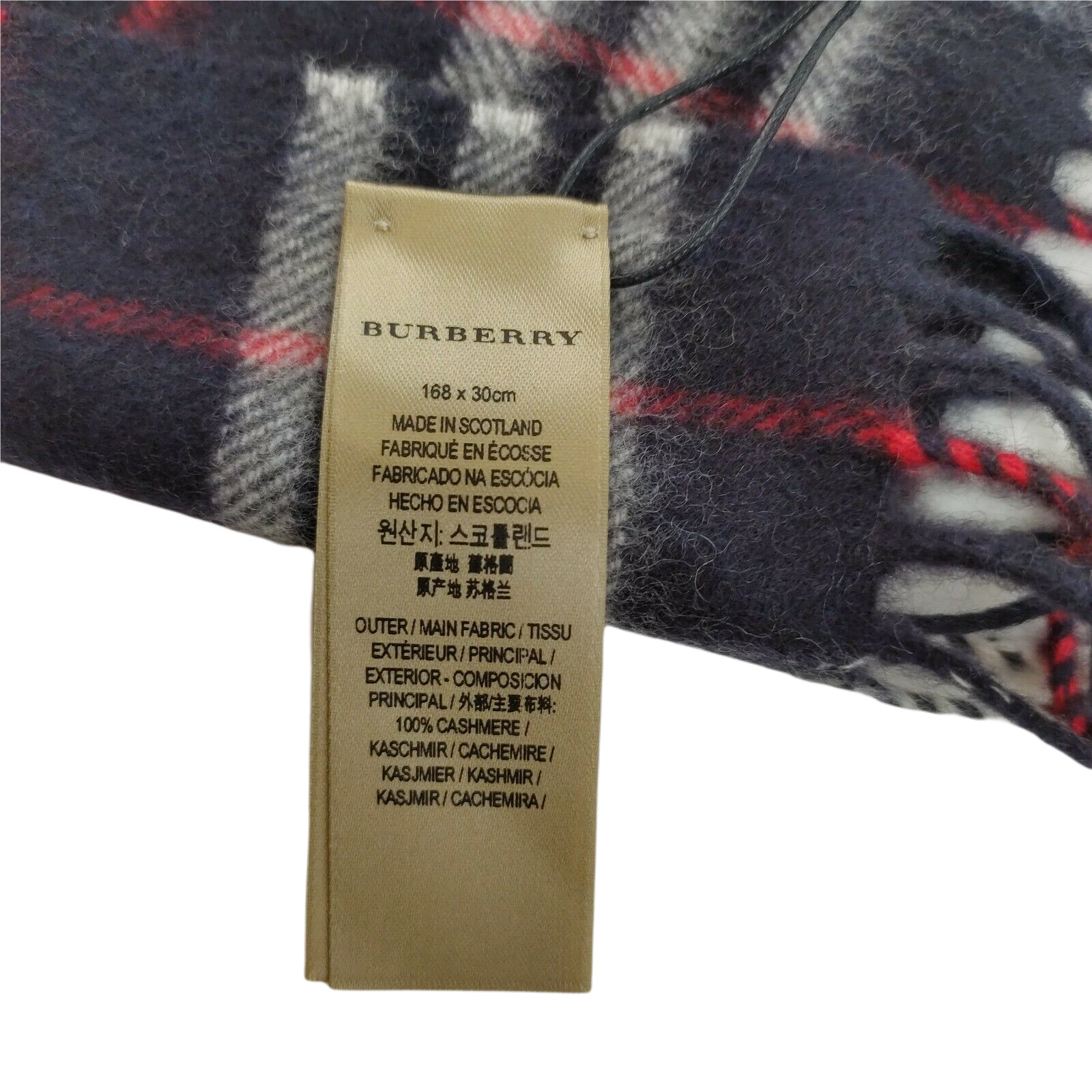 Burberry Navy Vintage Checker Cashmere Long Scarf with Fringe