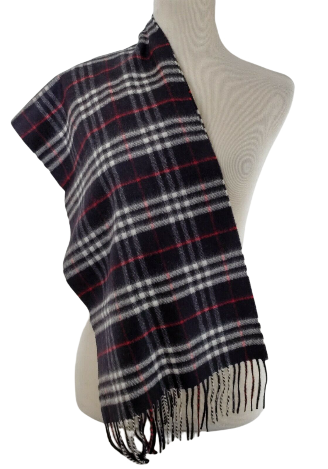 Burberry Navy Vintage Checker Cashmere Long Scarf with Fringe
