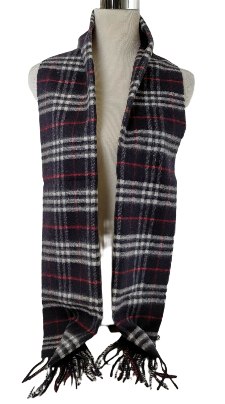 Burberry Navy Vintage Checker Cashmere Long Scarf with Fringe