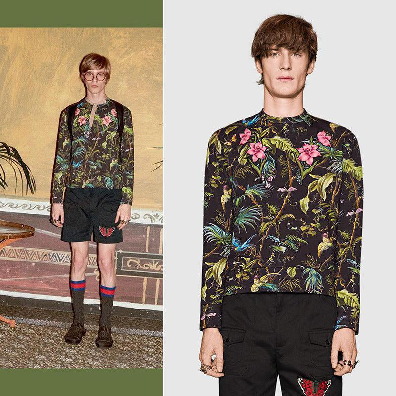 Gucci Men's Tropical Jungle Black / Green / Blue / Pink Felted Cotton Sweatshirt