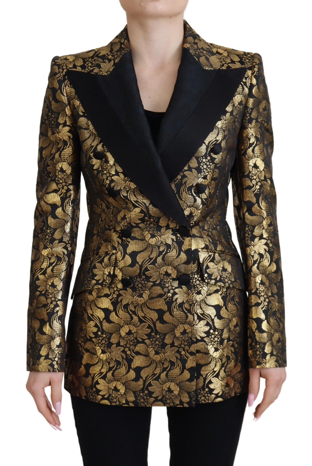 Dolce & Gabbana Black Gold Jacquard Coat Blazer Women's Jacket