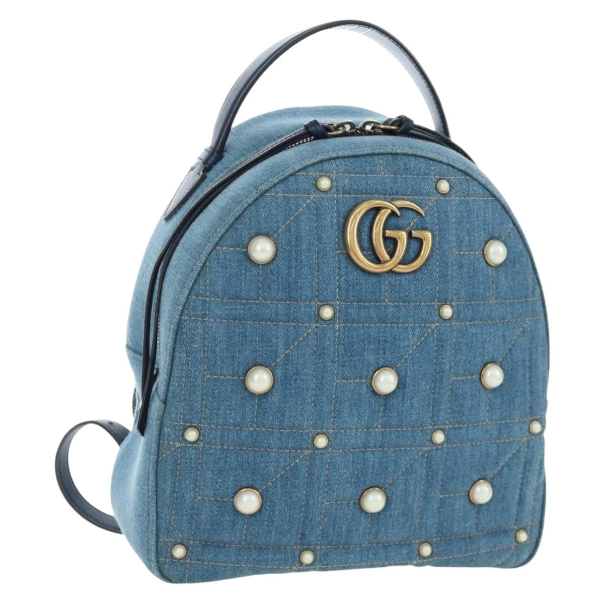 Gucci Pearly Gg Marmont Embellished Matelasse Denim Blue Denim_Jeans Backpack Bag (Pre-Owned)