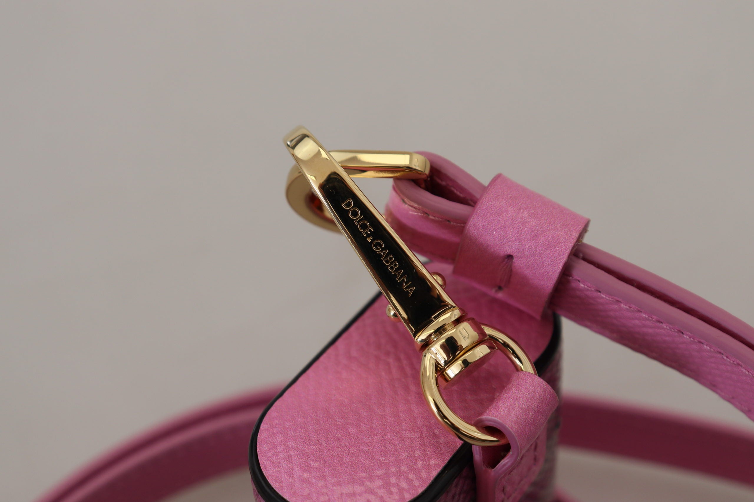 Dolce & Gabbana Pink Black Leather Strap Gold Metal Logo Airpods Women's Case