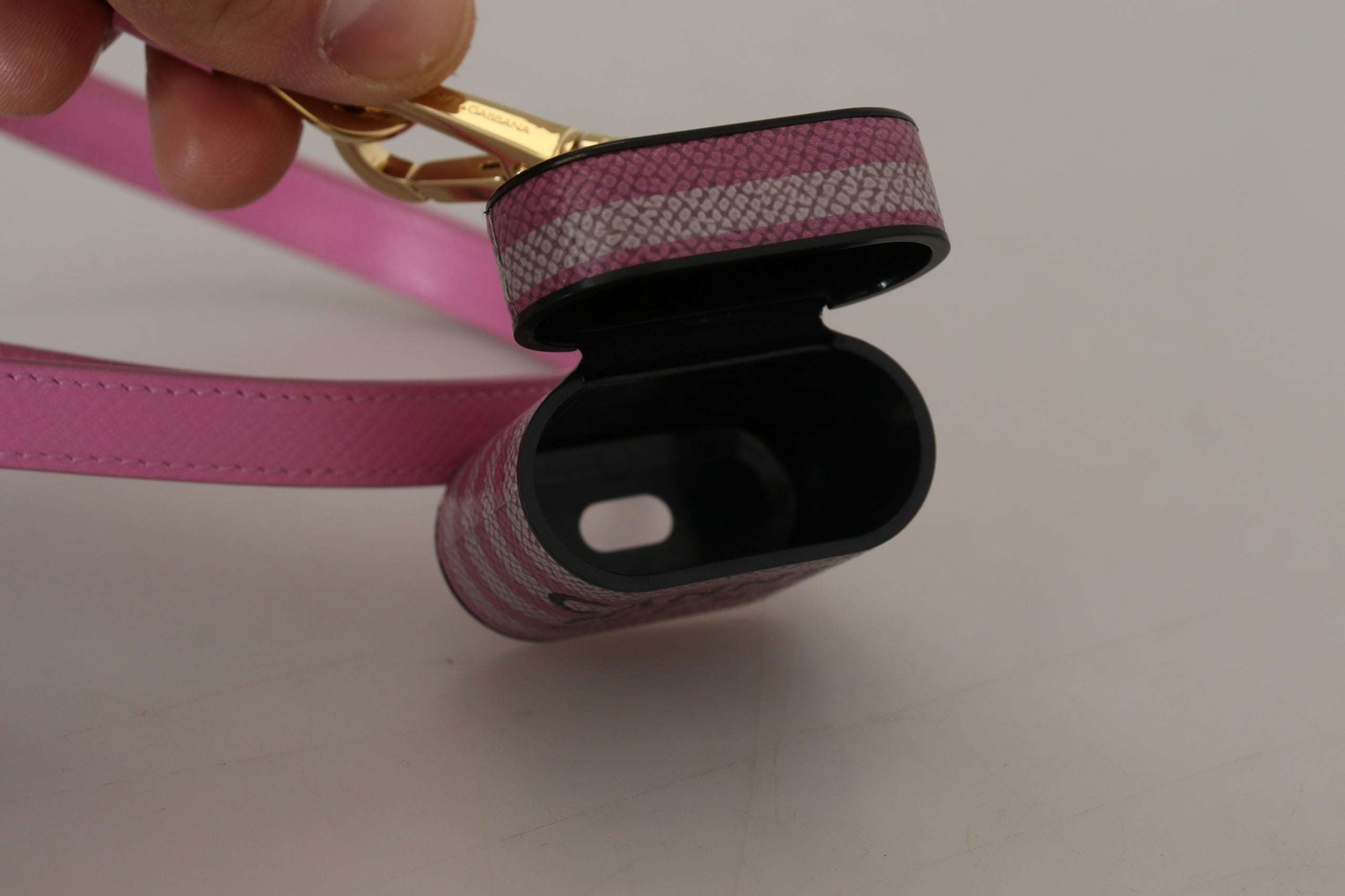 Dolce & Gabbana Pink Black Leather Strap Gold Metal Logo Airpods Women's Case