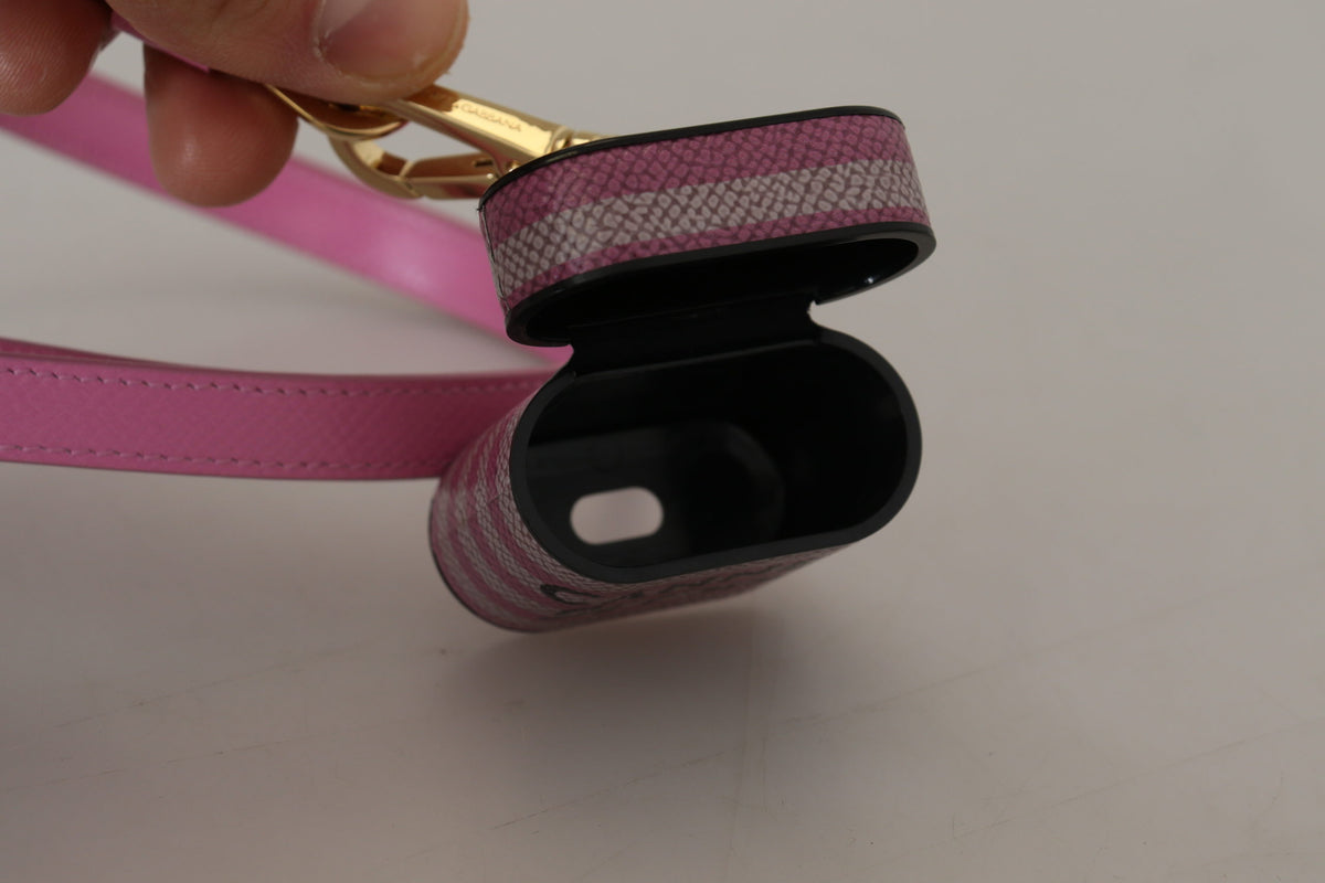 Dolce & Gabbana Pink Black Leather Strap Gold Metal Logo Airpods Women's Case