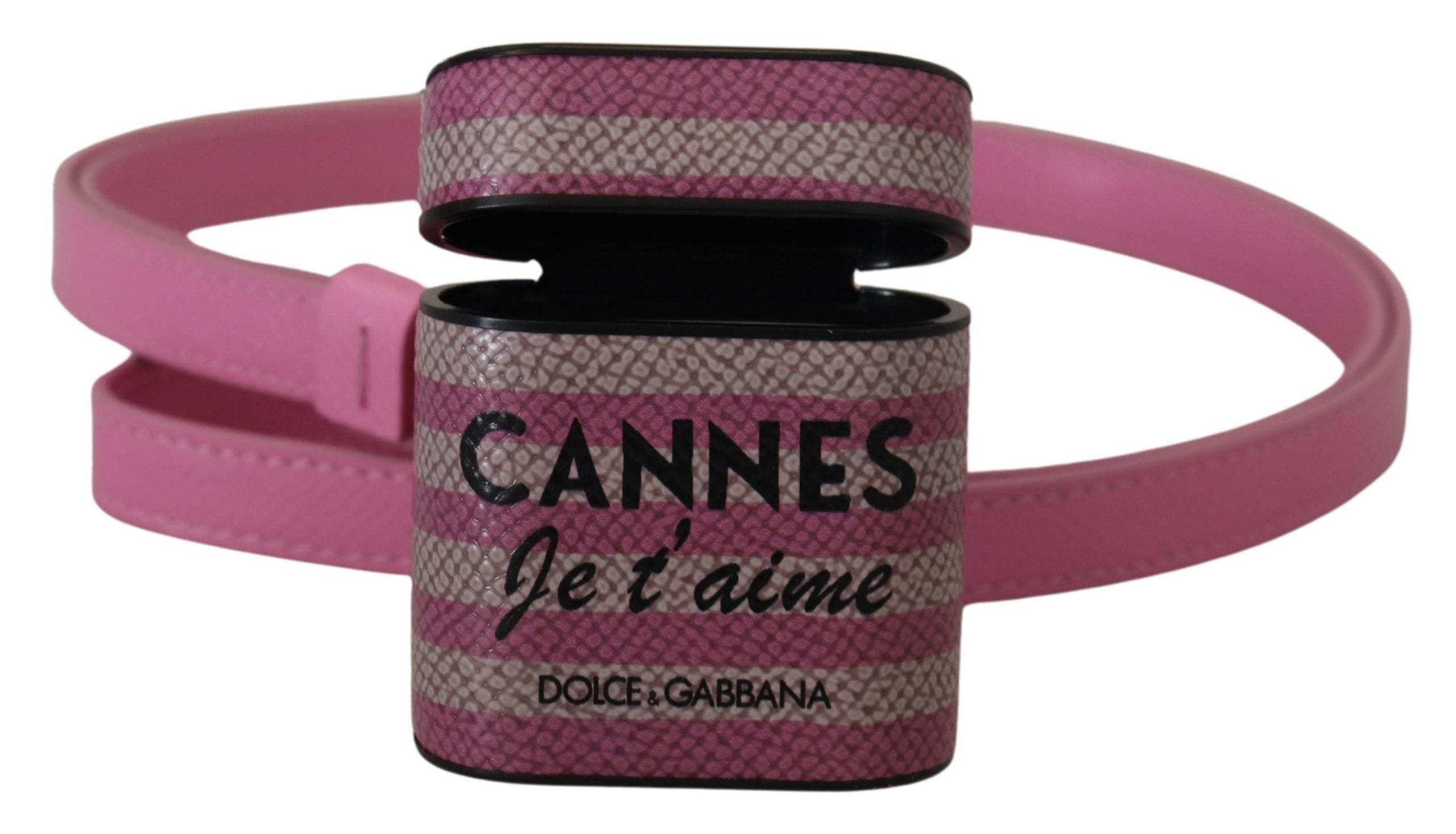Dolce & Gabbana Pink Black Leather Strap Gold Metal Logo Airpods Women's Case