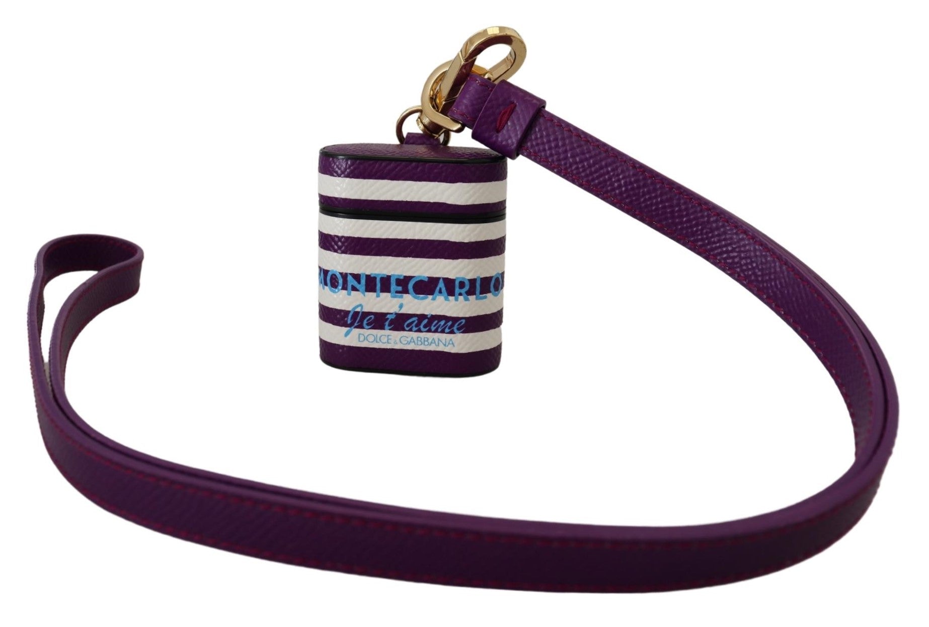Dolce & Gabbana Purple Leather Strap Gold Metal Logo Airpods Women's Case