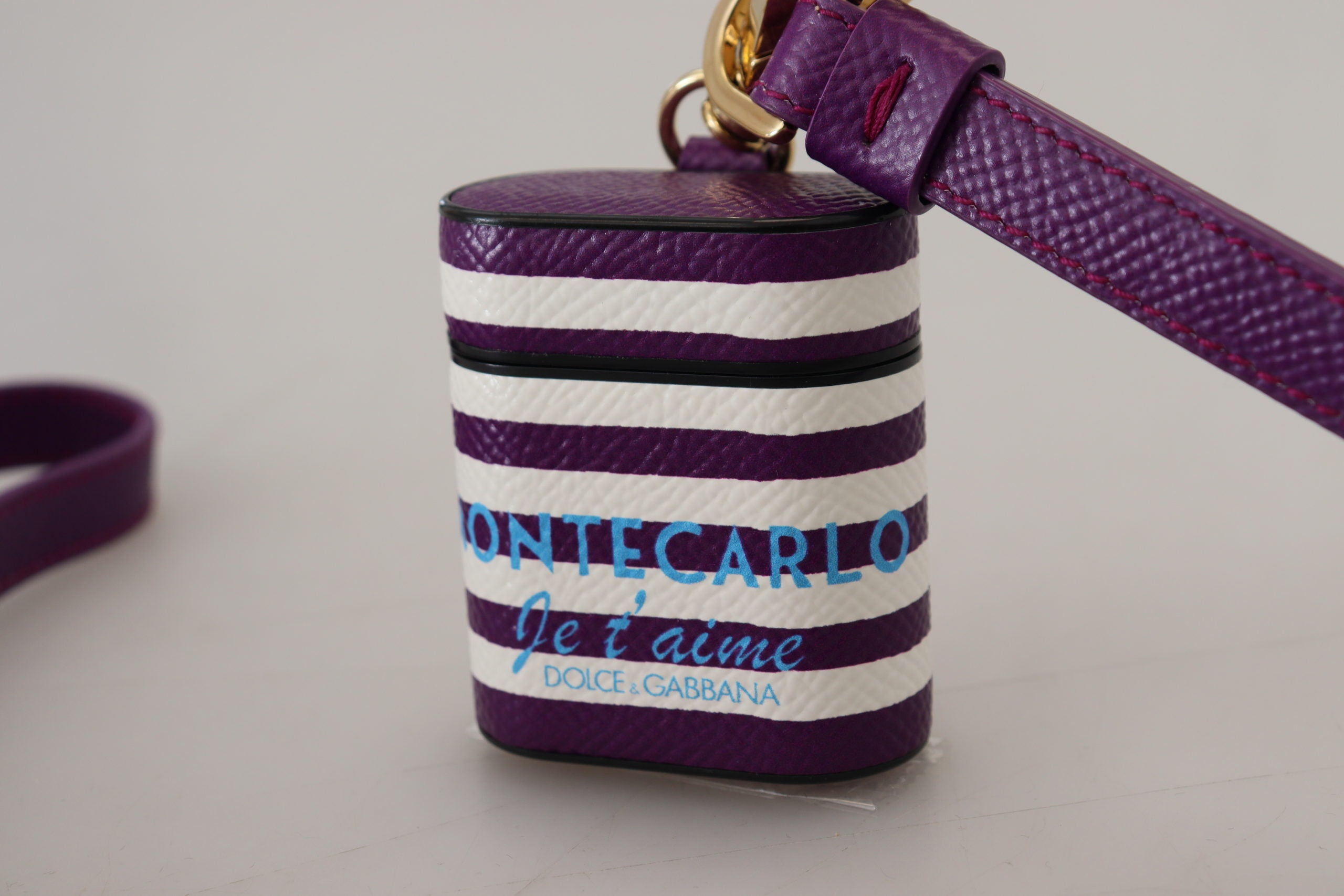 Dolce & Gabbana Purple Leather Strap Gold Metal Logo Airpods Women's Case