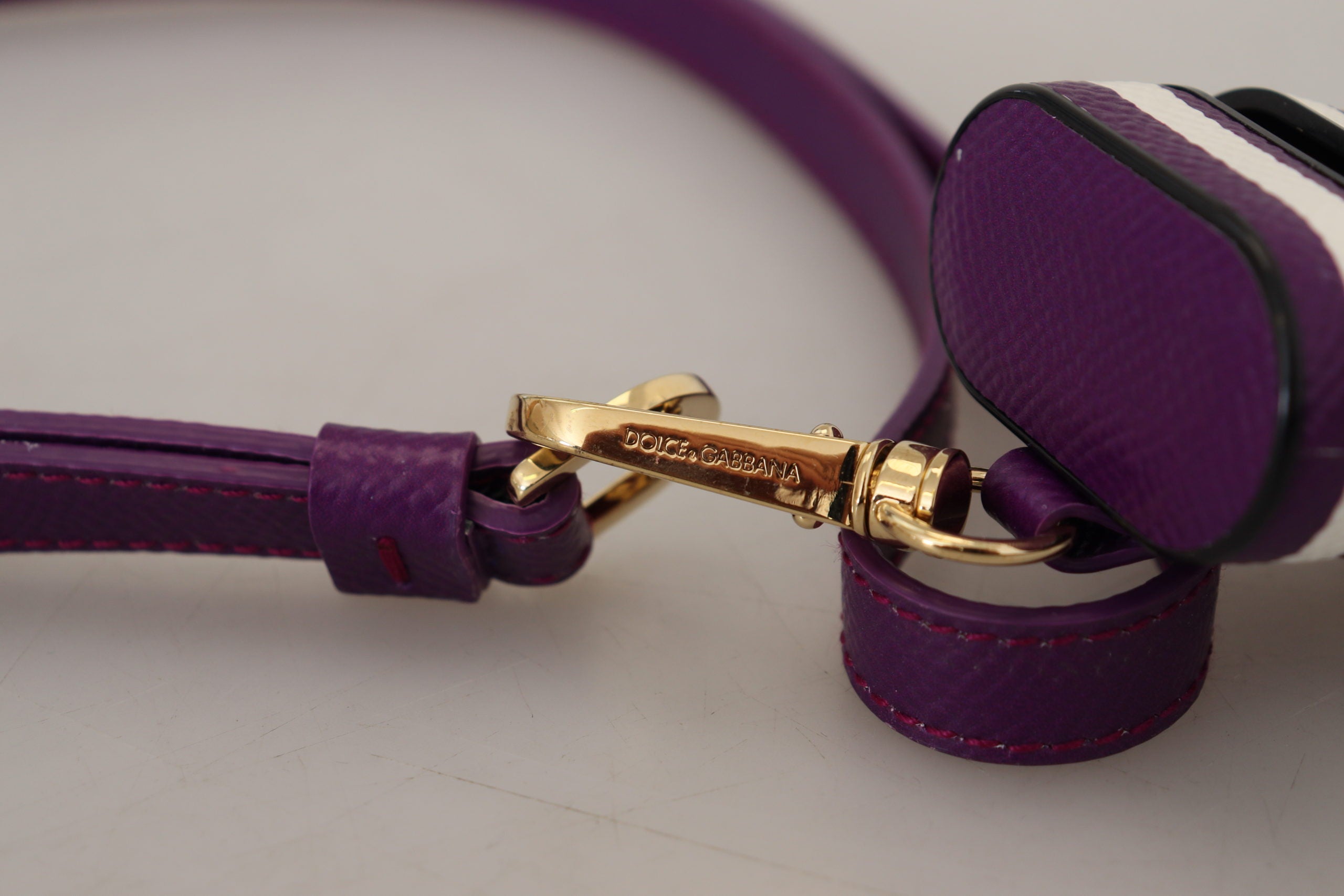 Dolce & Gabbana Purple Leather Strap Gold Metal Logo Airpods Women's Case