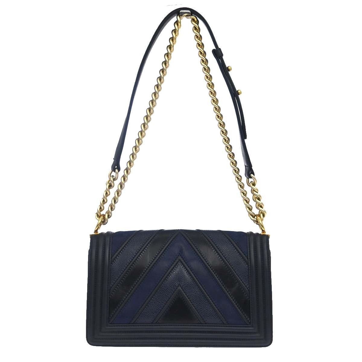 Chanel Boy Flap Chevron Caviar And Calfskin Navy Leather Shoulder Bag Bag (Pre-Owned)