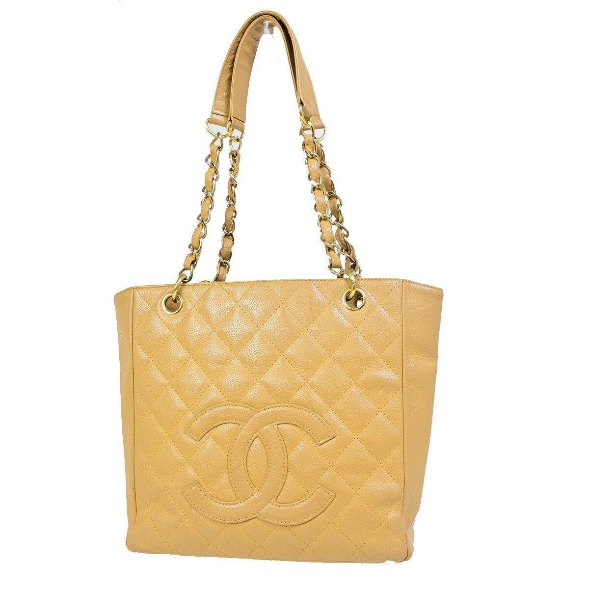 Chanel Petite Shopping Tote Quilted Caviar Beige Leather Bag (Pre-Owned)