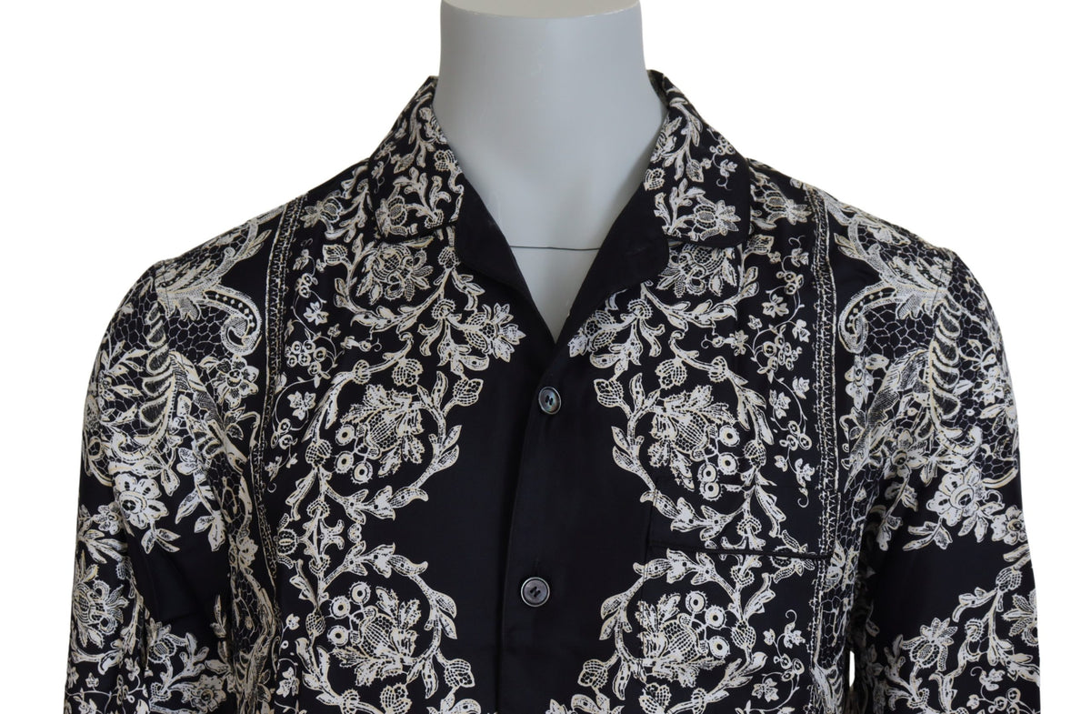 Dolce & Gabbana Blue Silk Floral Baroque Satin Casual Men's Shirt