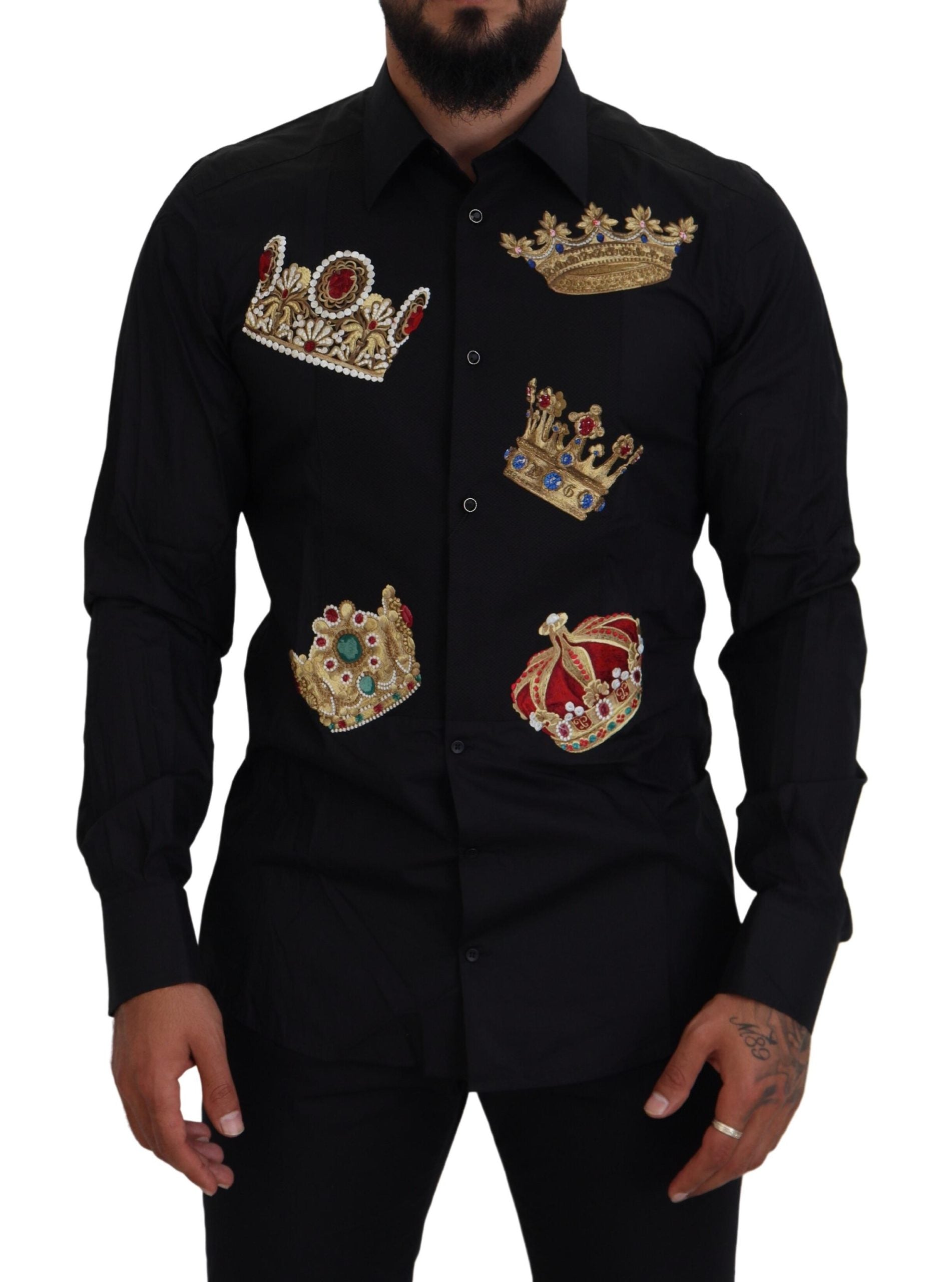 Dolce & Gabbana Elegant Black Slim Fit Dress Shirt with Crown Embroidery - IT37 | XS Dolce & Gabbana Elegant Black Slim Fit Dress Shirt with Crown Embroidery - IT37 | XS
