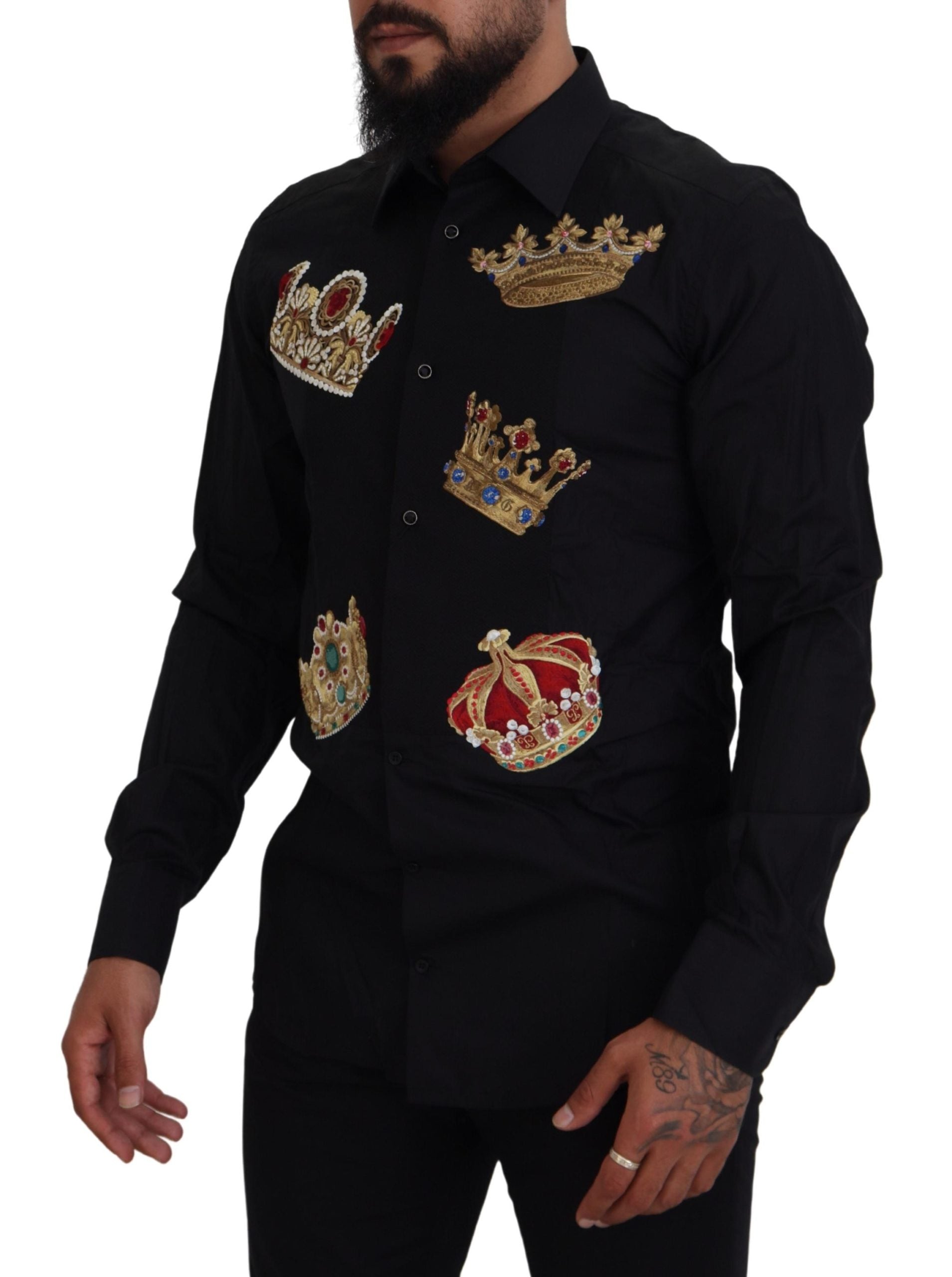 Dolce & Gabbana Black Gold Crown Slim Fit Dress Formal Men's Shirt