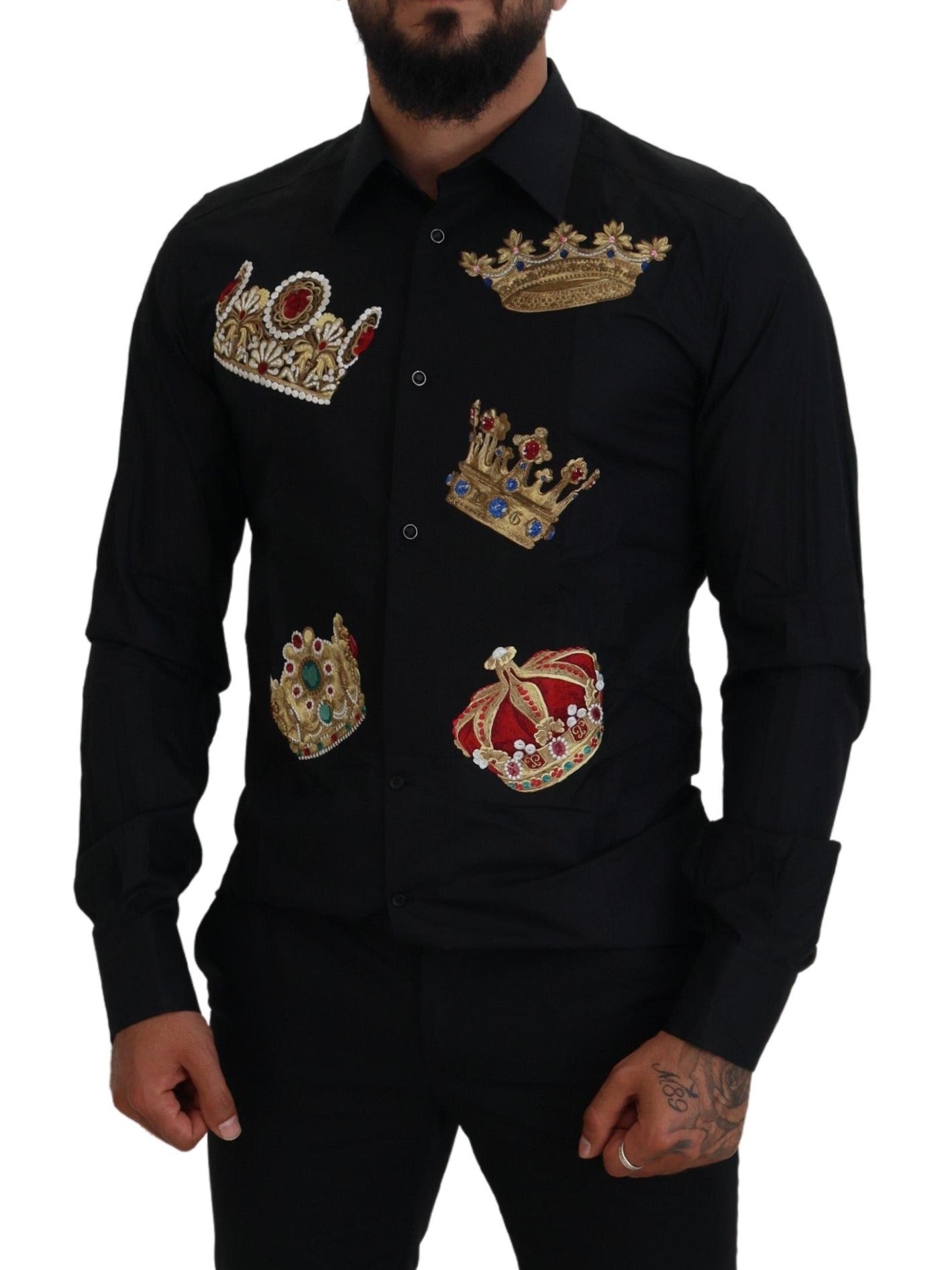 Dolce & Gabbana Black Gold Crown Slim Fit Dress Formal Men's Shirt