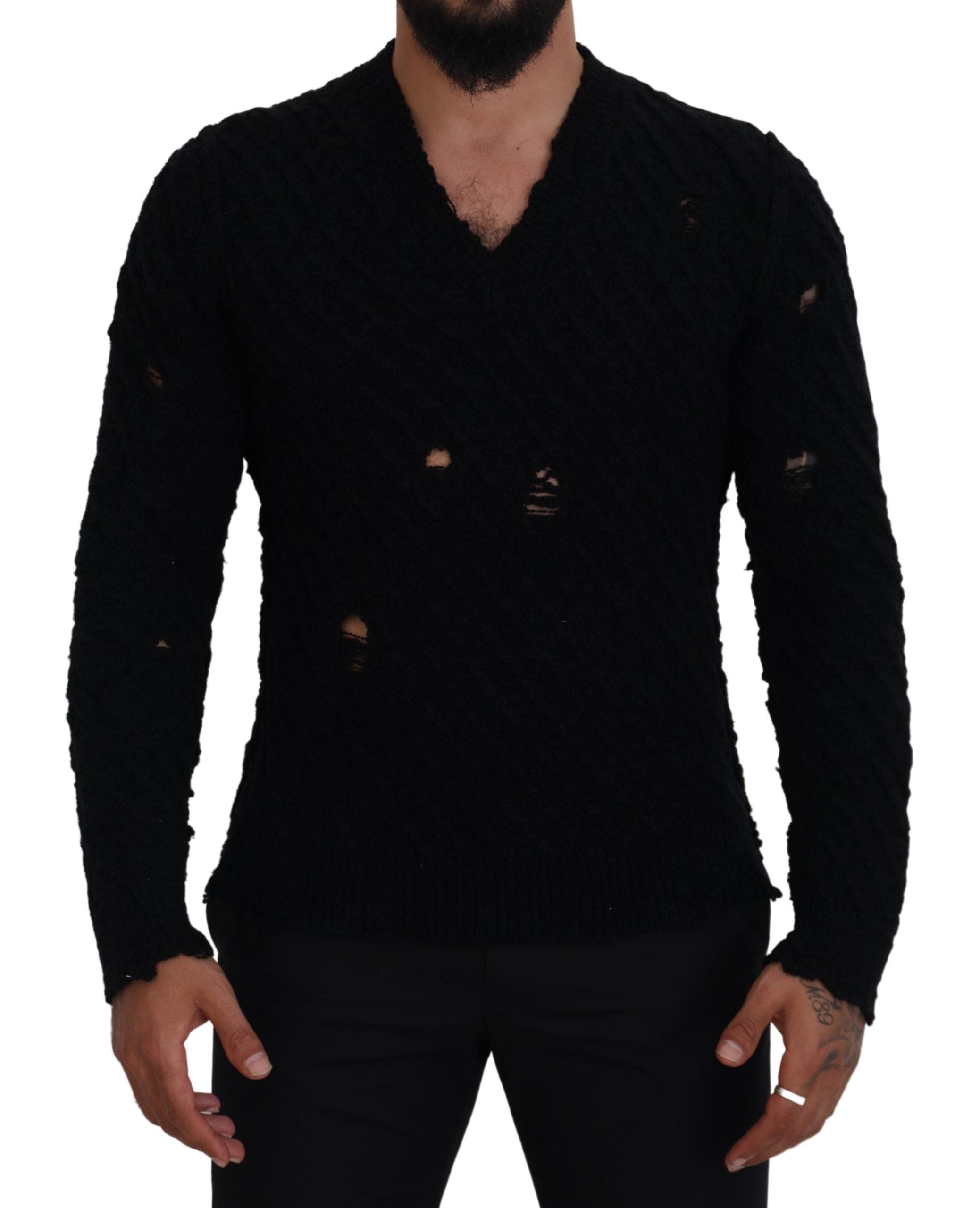 Dolce & Gabbana Black Wool V-neck Knitted Pullover Men's Sweater
