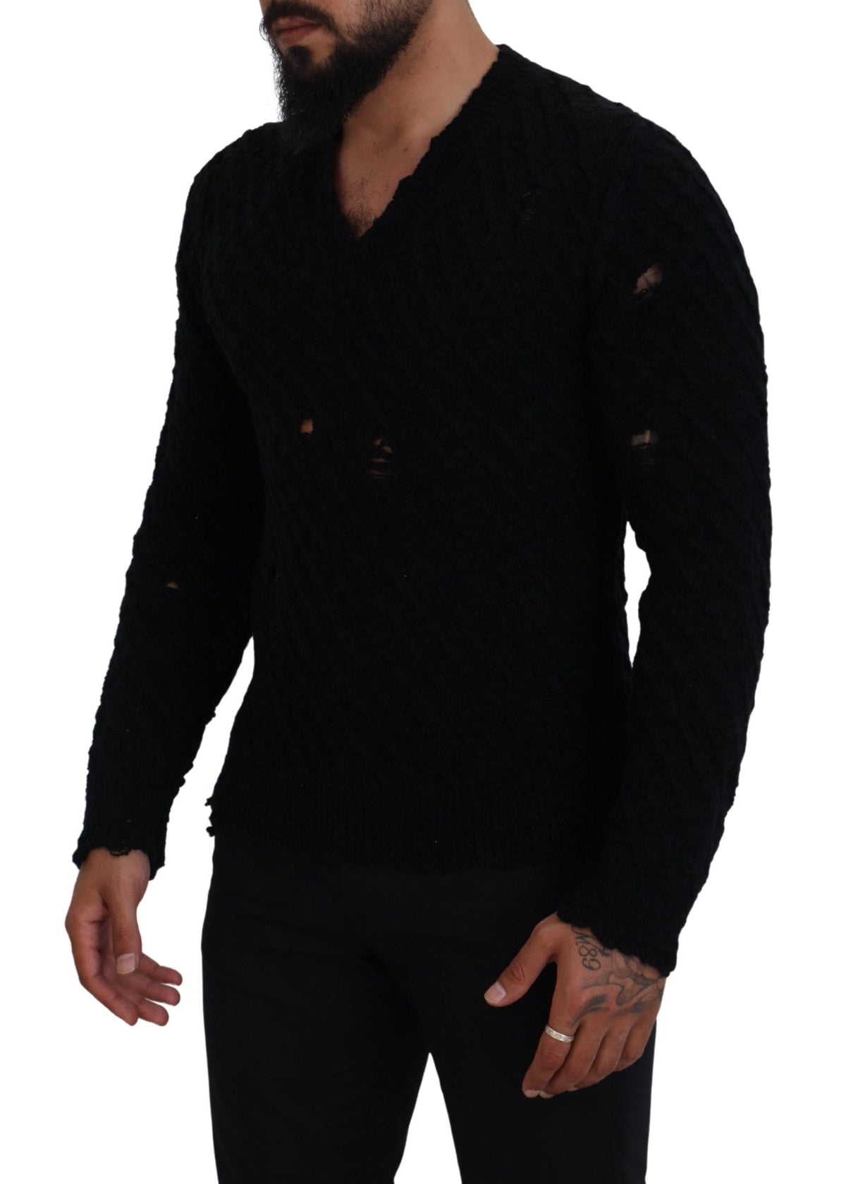 Dolce & Gabbana Black Wool V-neck Knitted Pullover Men's Sweater