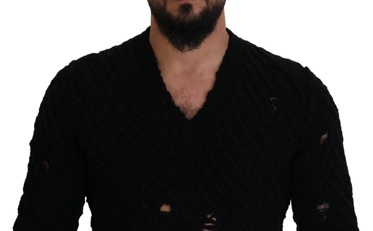 Dolce & Gabbana Black Wool V-neck Knitted Pullover Men's Sweater