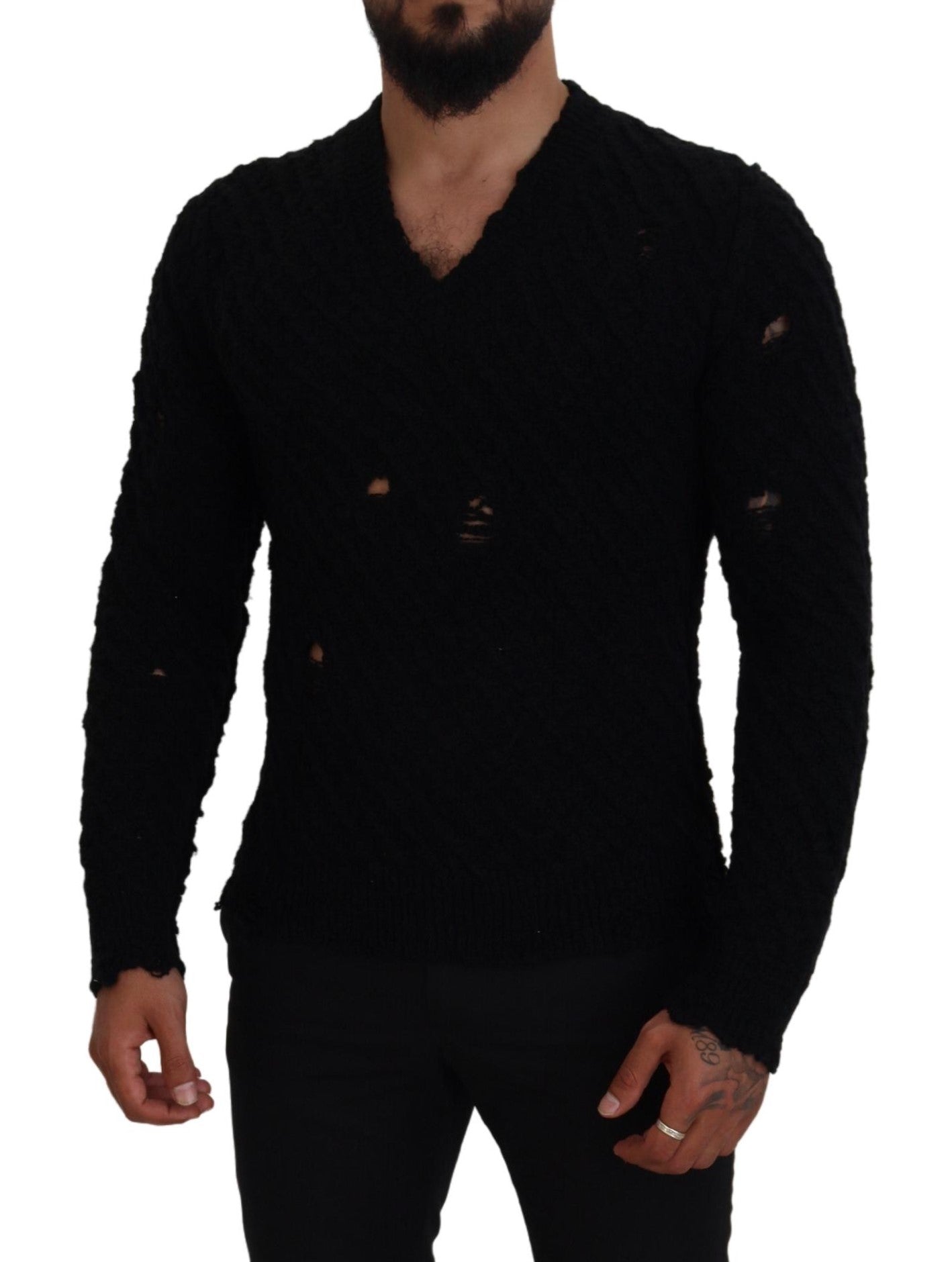 Dolce & Gabbana Black Wool V-neck Knitted Pullover Men's Sweater