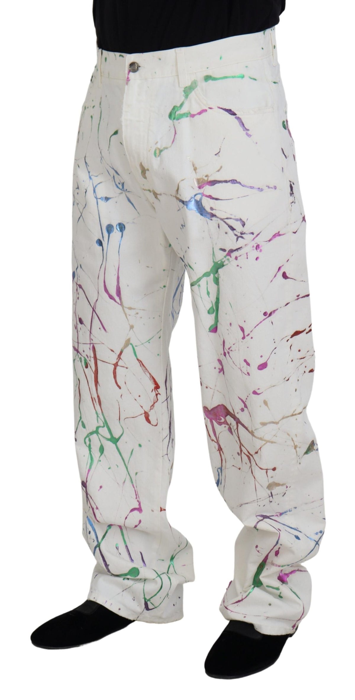 Dolce & Gabbana White Cotton Color Splash Print Denim Men's Pants