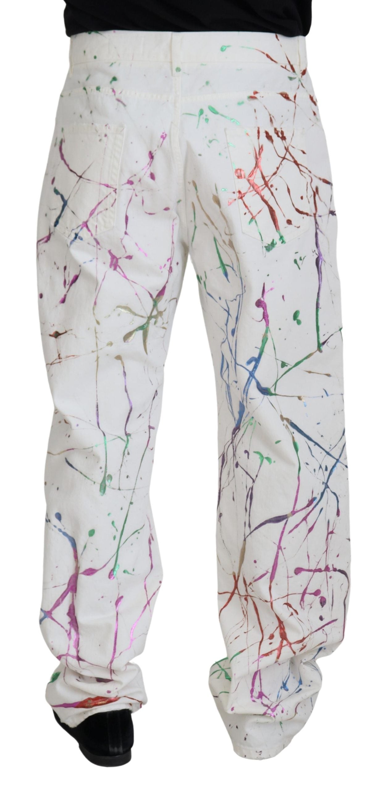 Dolce & Gabbana White Cotton Color Splash Print Denim Men's Pants
