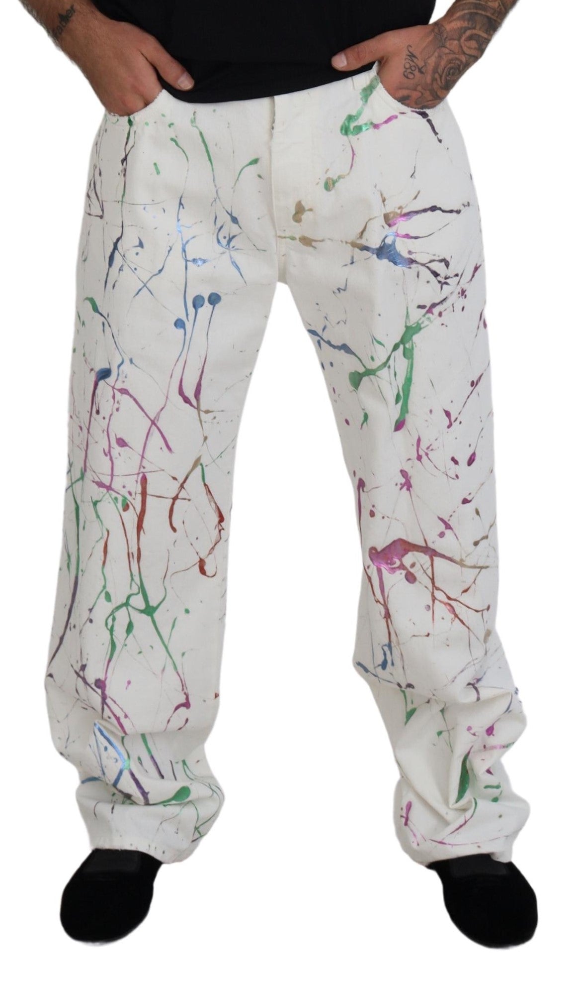 Dolce & Gabbana White Cotton Color Splash Print Denim Men's Pants