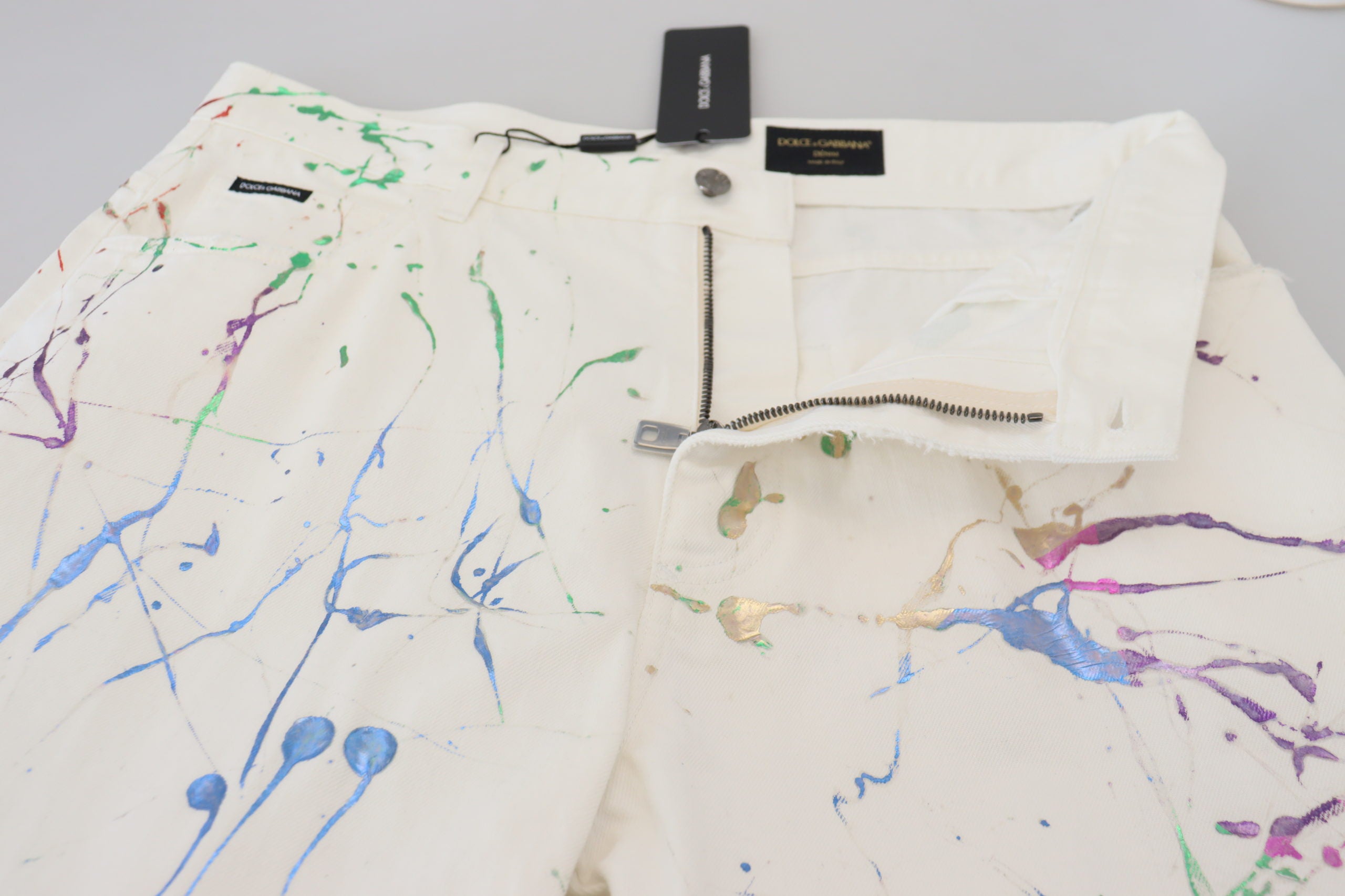 Dolce & Gabbana White Cotton Color Splash Print Denim Men's Pants