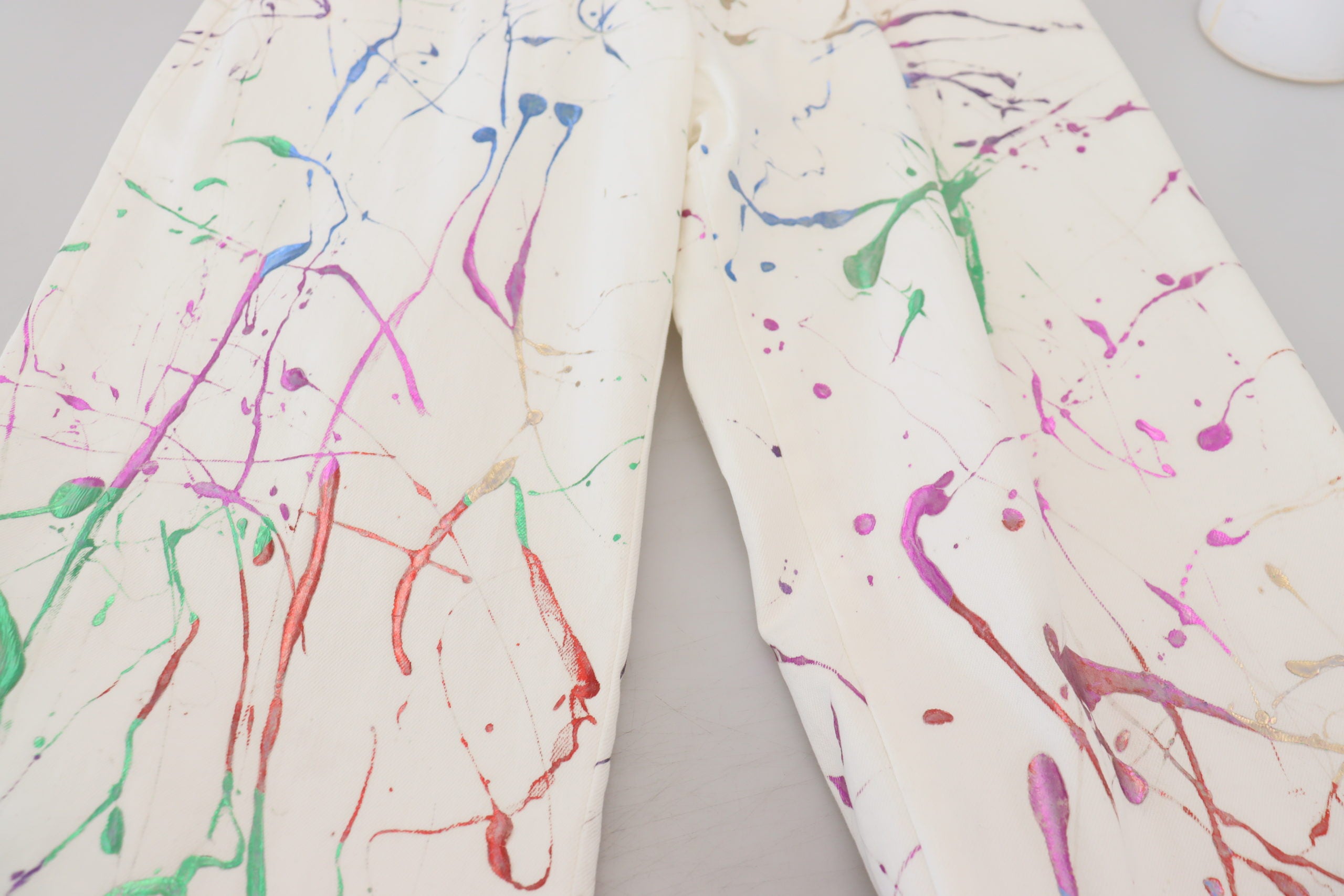 Dolce & Gabbana White Cotton Color Splash Print Denim Men's Pants