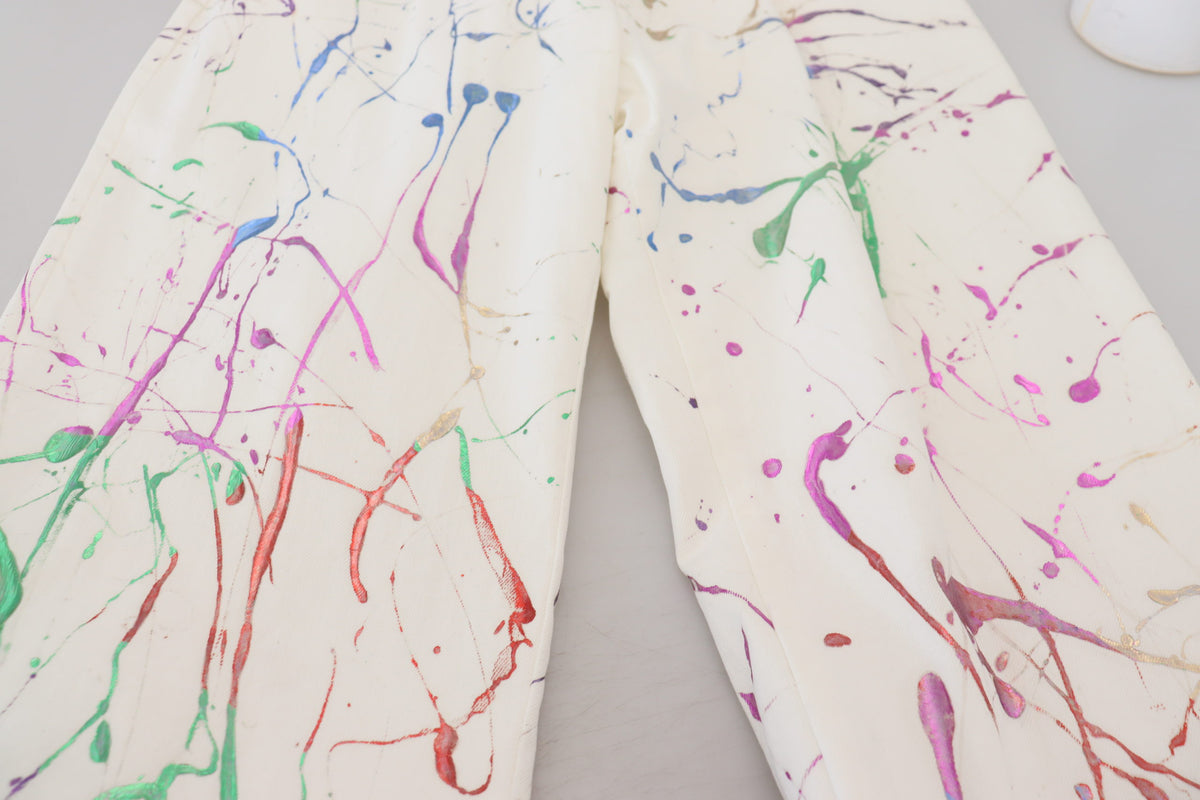Dolce & Gabbana White Cotton Color Splash Print Denim Men's Pants