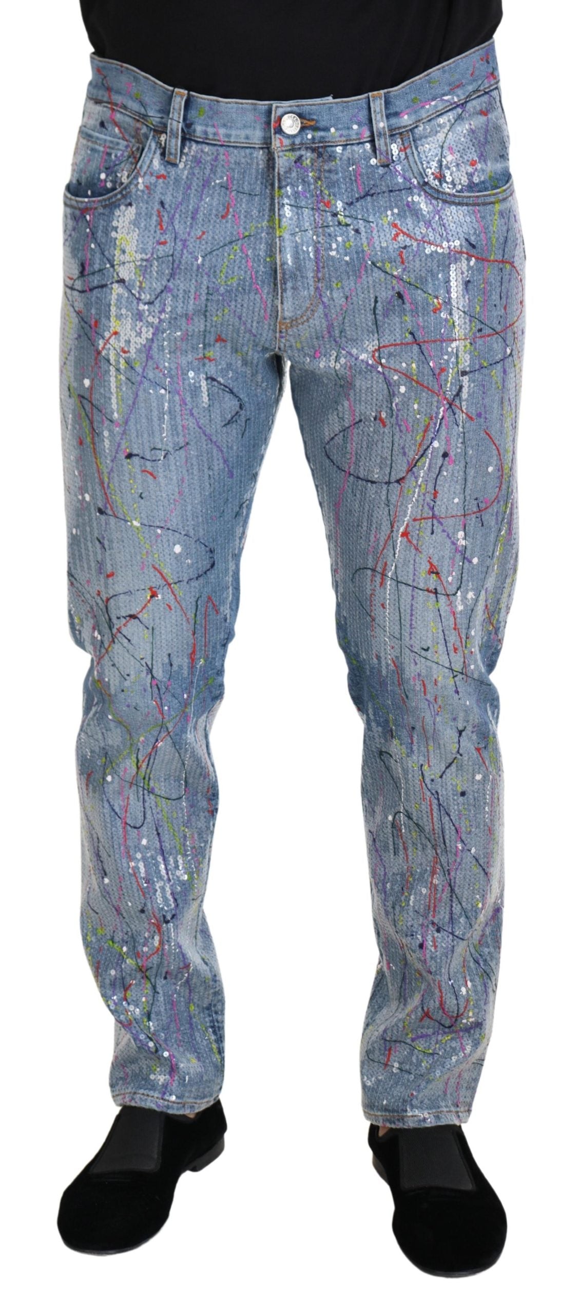 Dolce & Gabbana Blue Cotton Color Splash Print Denim Men's Jeans