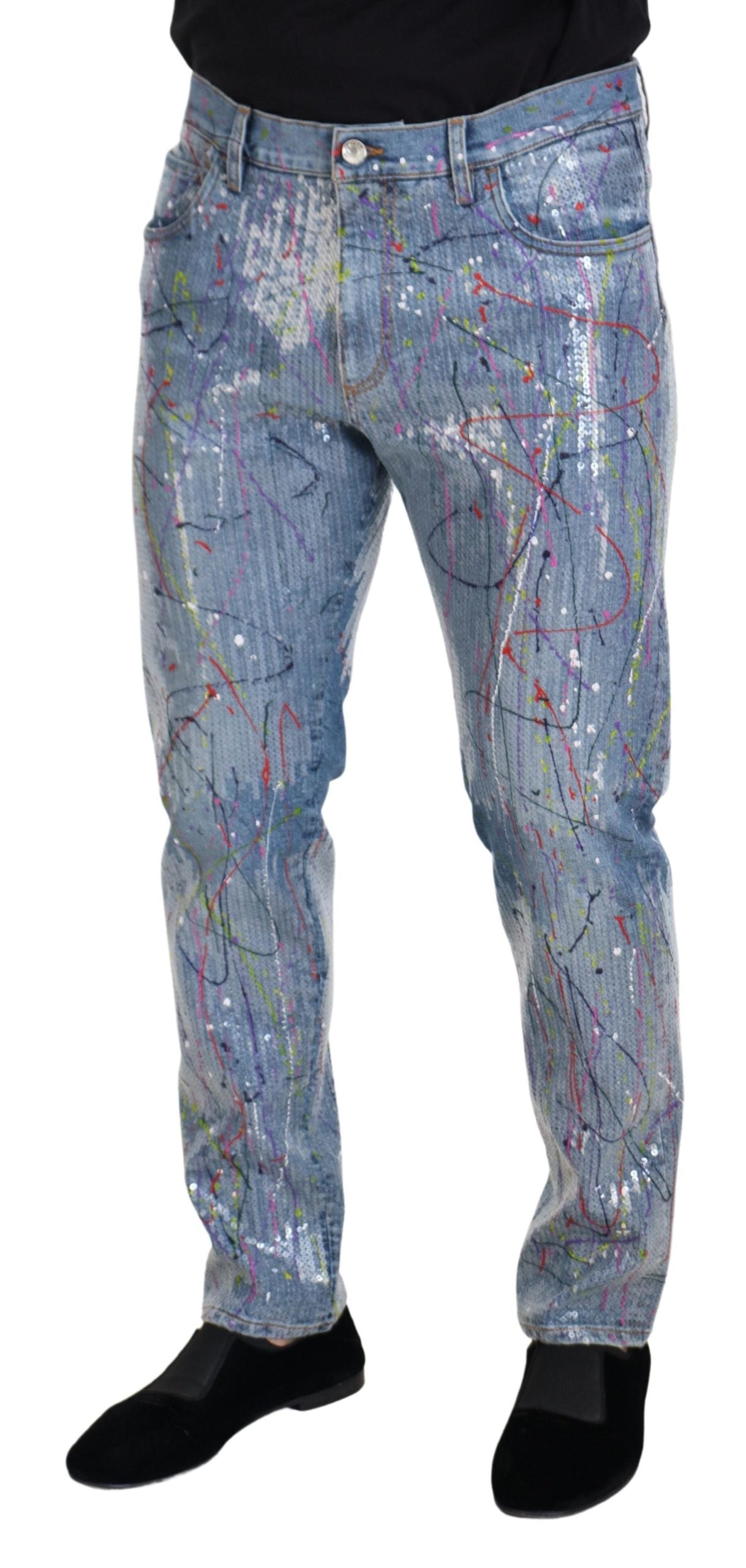 Dolce & Gabbana Blue Cotton Color Splash Print Denim Men's Jeans